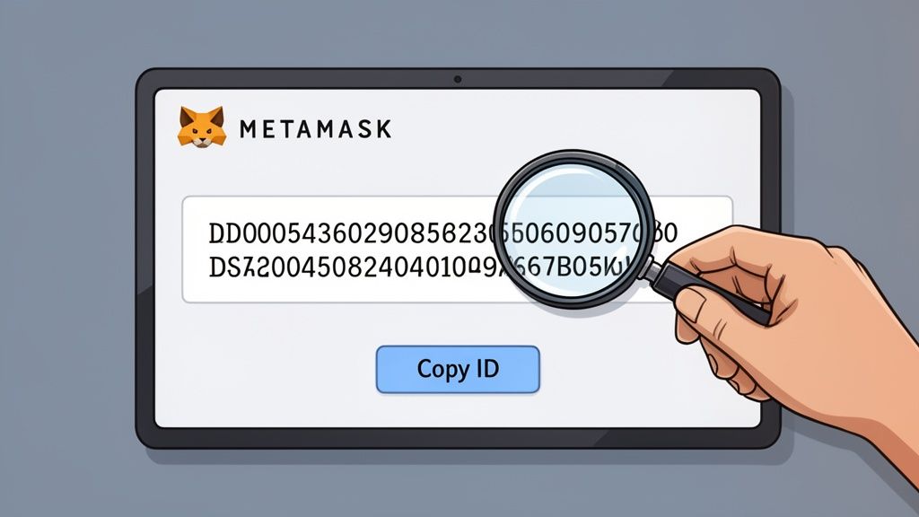 A hand using a magnifying glass to inspect a digital ID number on a tablet screen.