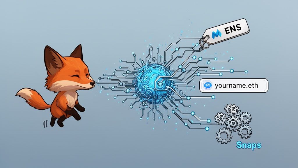 A cartoon fox character interacting with a digital sphere connected to ENS and metamask wallet symbols.
