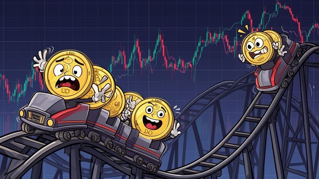 A cartoon illustration of anthropomorphic gold coins riding a roller coaster against a stock market chart background.