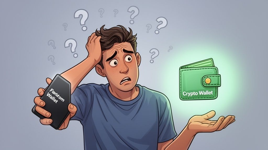 A confused man looking at a black Fantom wallet in one hand and a glowing green crypto wallet icon.