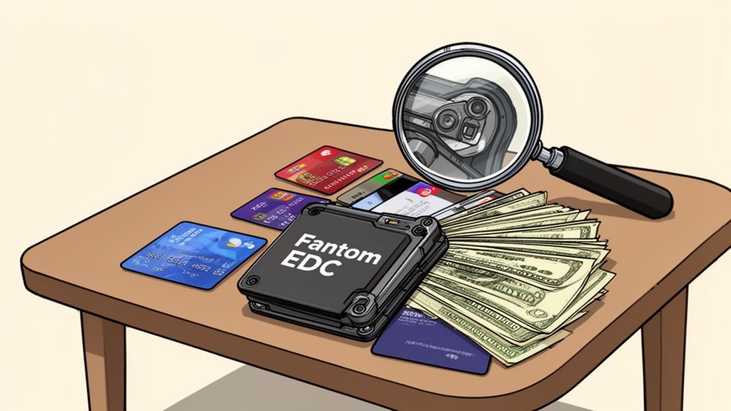 A Fantom EDC wallet surrounded by credit cards and paper money under a magnifying glass.