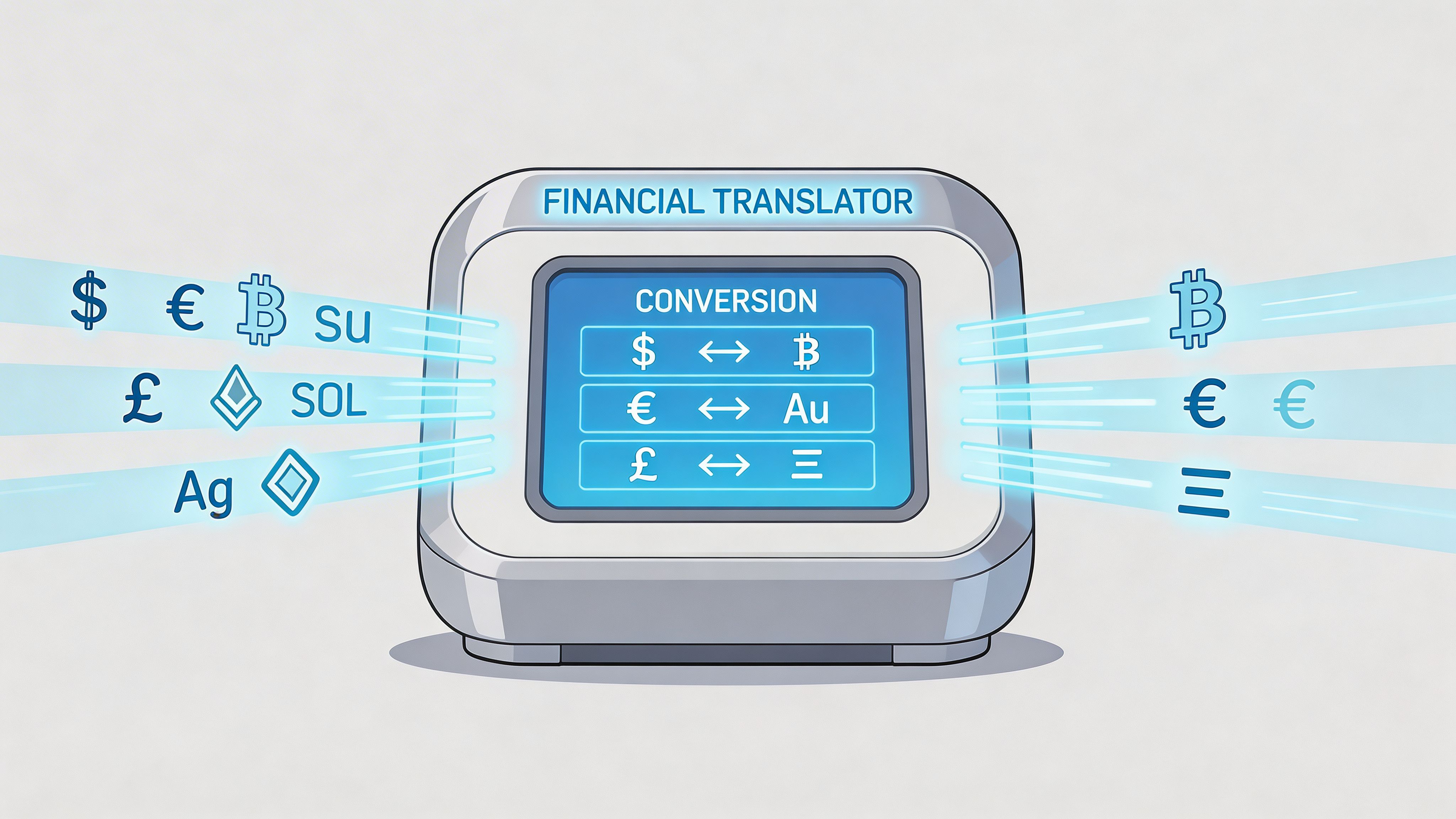 A digital financial translator device converting various currencies, including fiat and cryptocurrencies, on a screen.