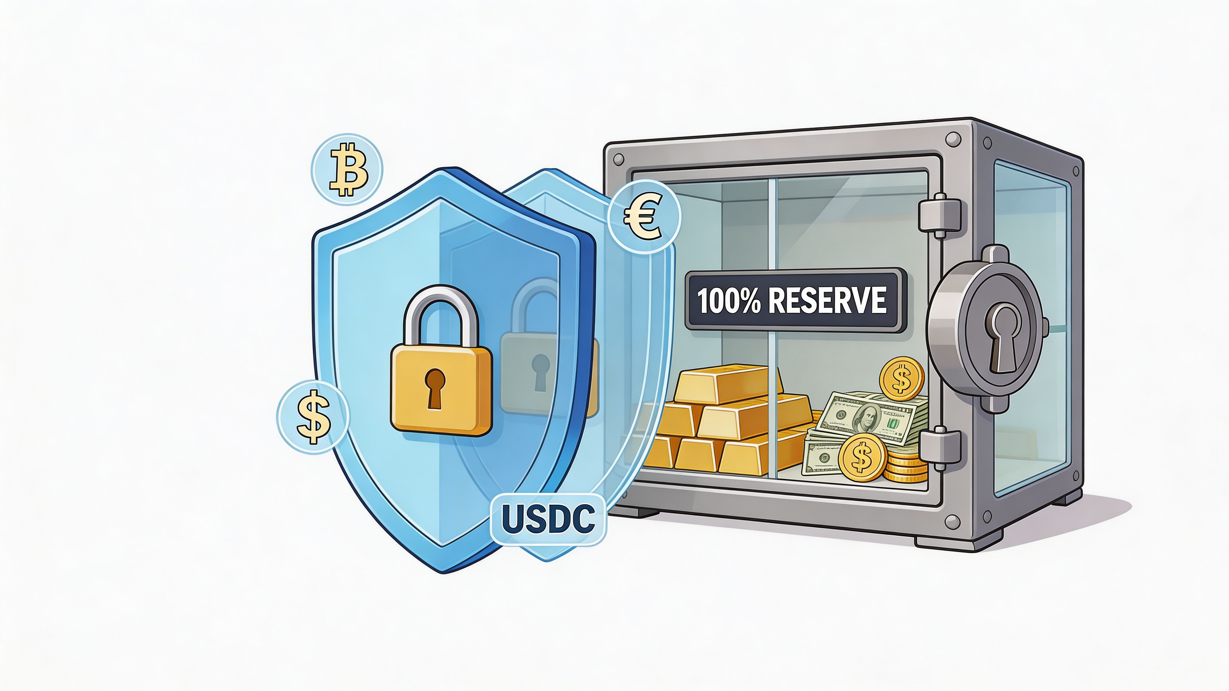 A secure digital vault protecting USDC with gold bars and cash reserves, illustrating crypto financial security.