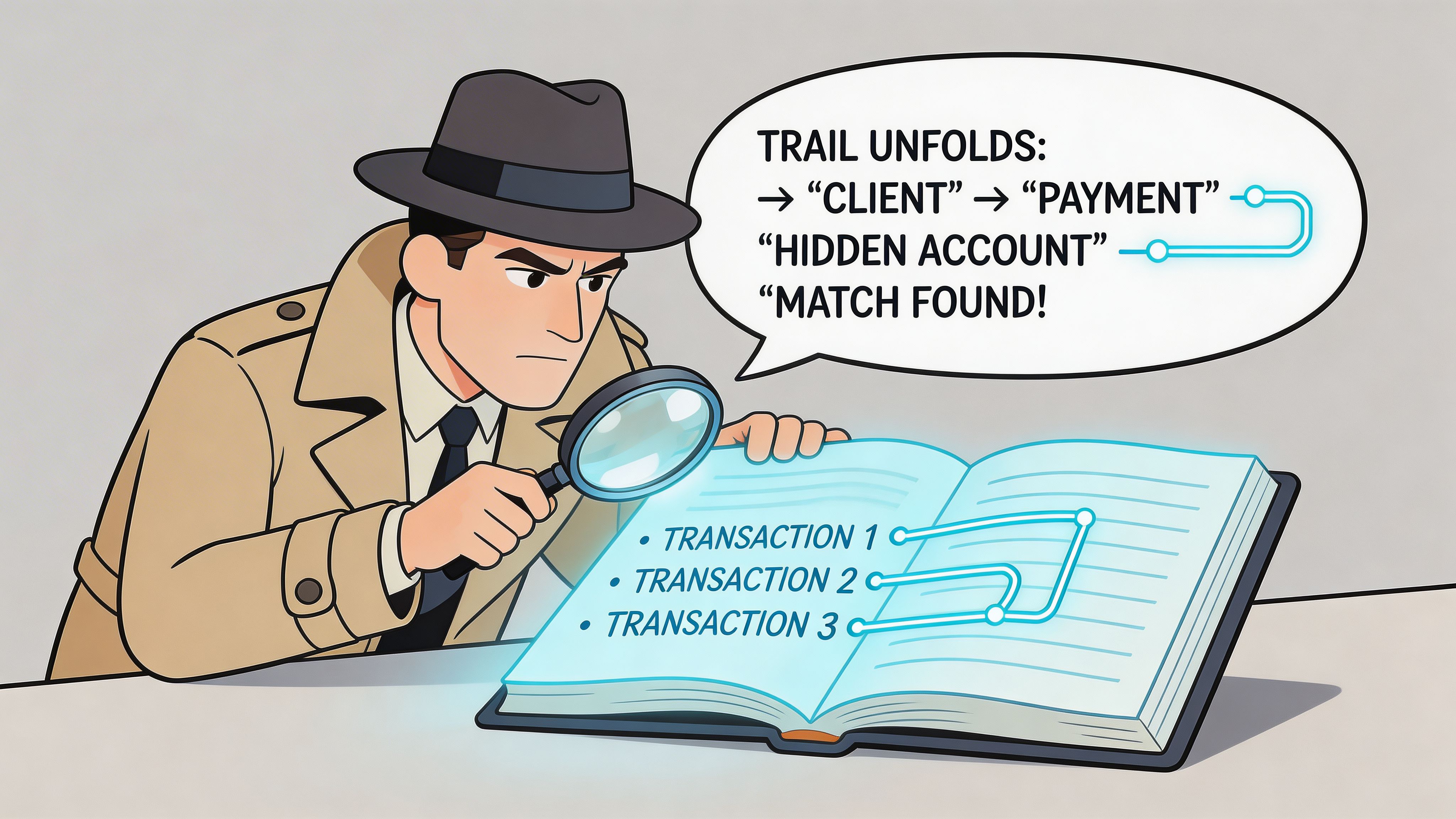 A cartoon detective with a magnifying glass examining a glowing book showing a digital transaction trail.