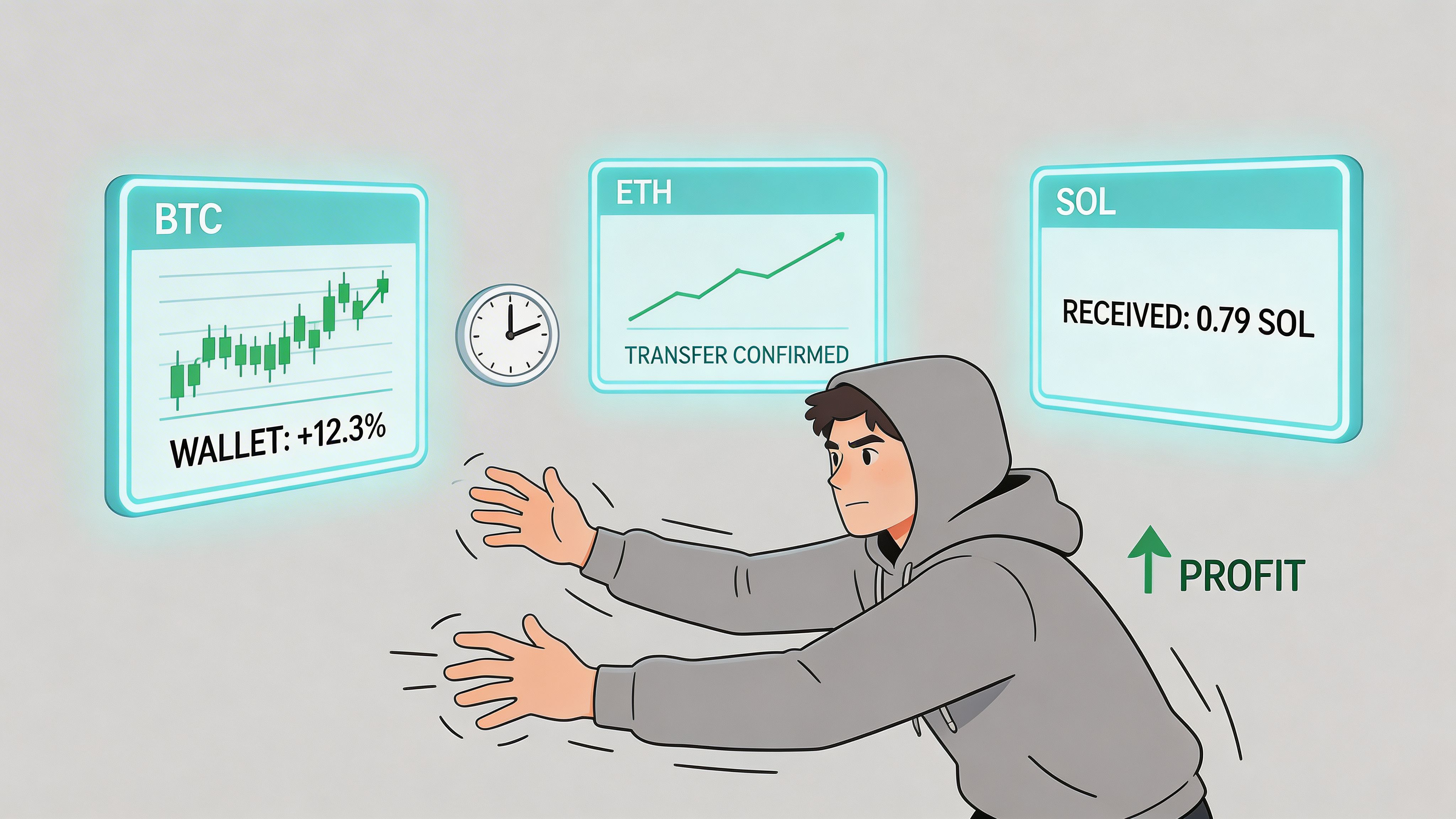 A digital illustration of a young person in a hoodie interacting with glowing cryptocurrency market interface screens.