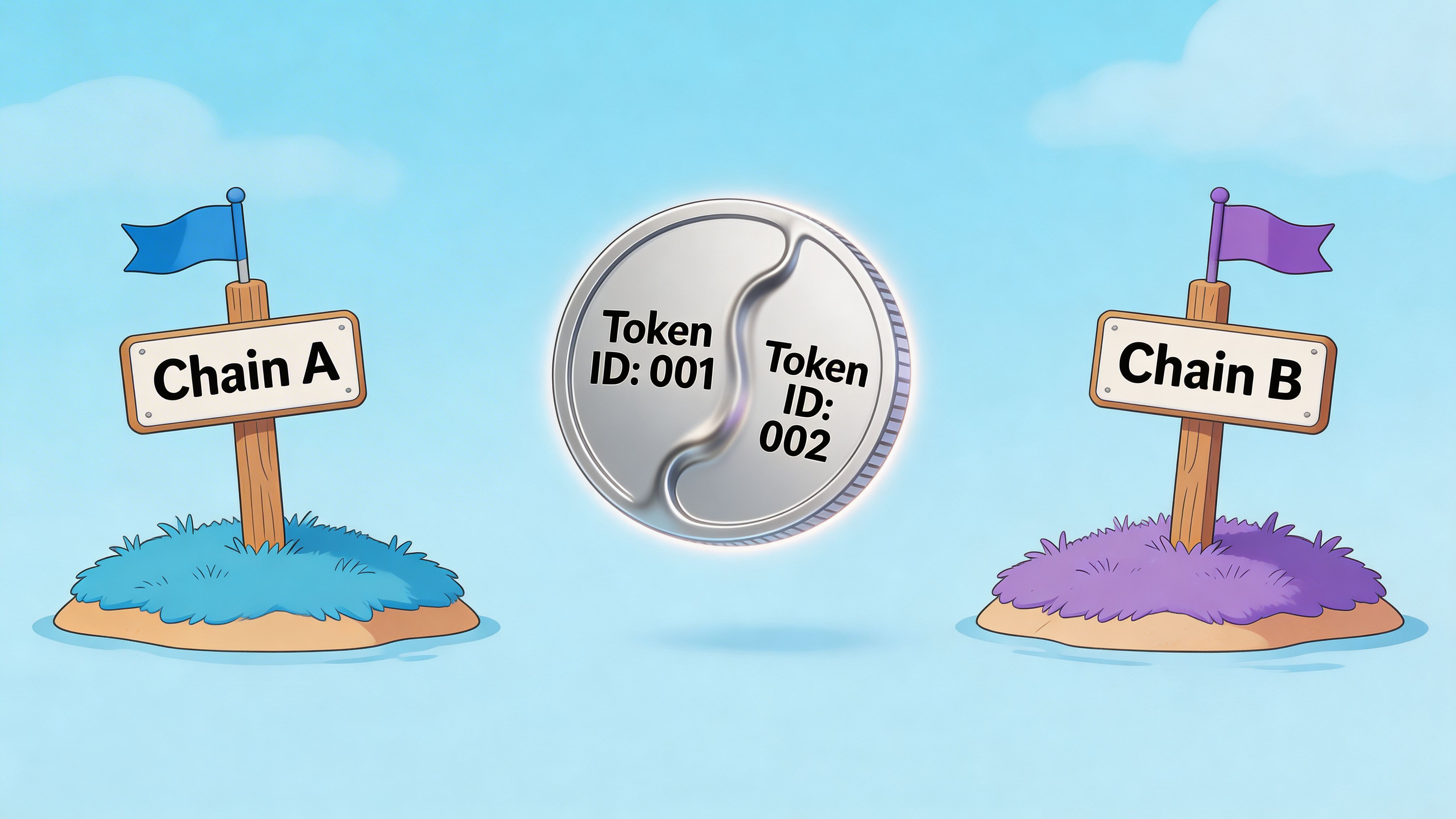A conceptual illustration showing two separate blockchain islands with a silver coin connecting token IDs.