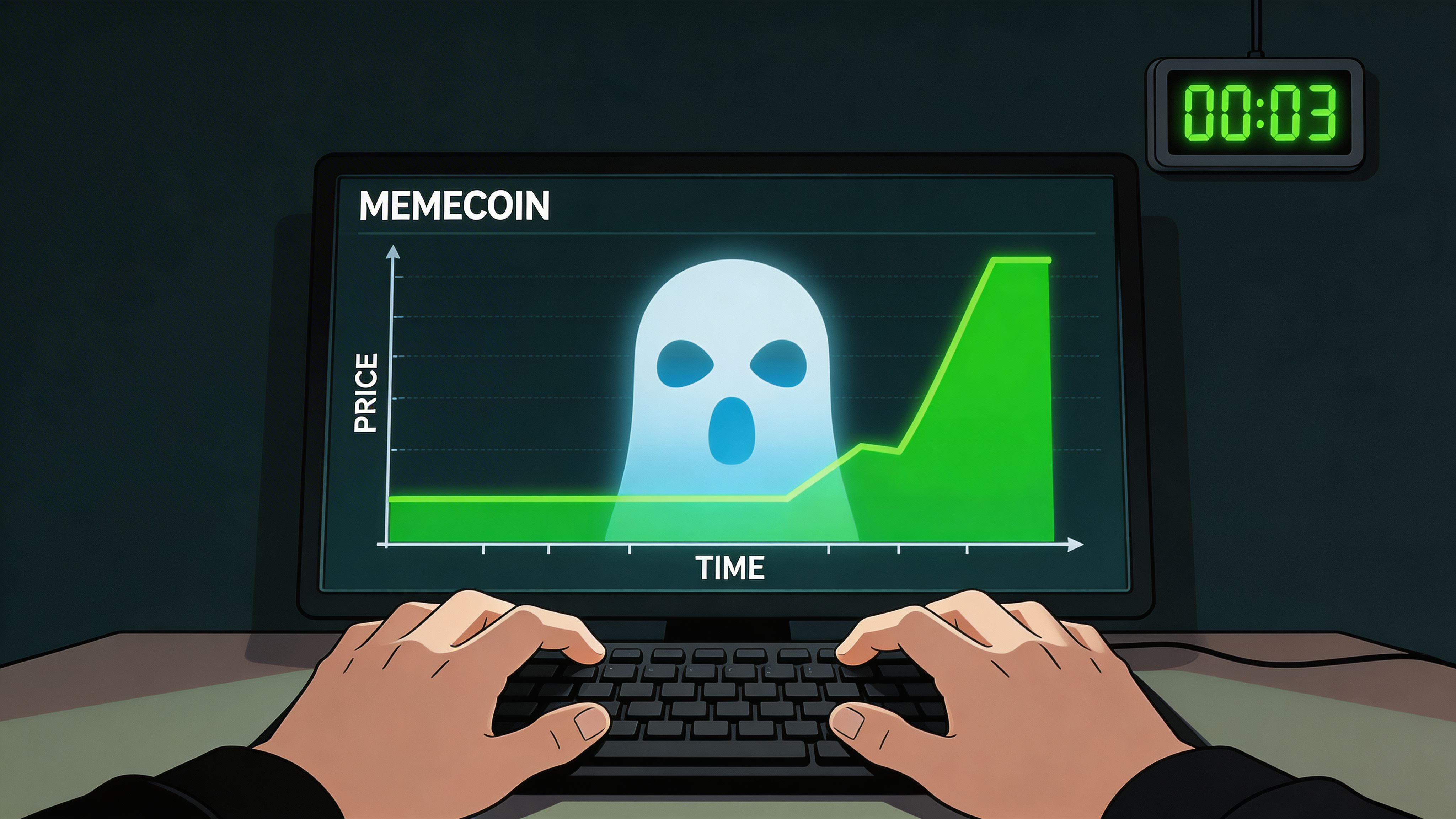 A pair of hands typing on a computer keyboard looking at a meme coin price chart
