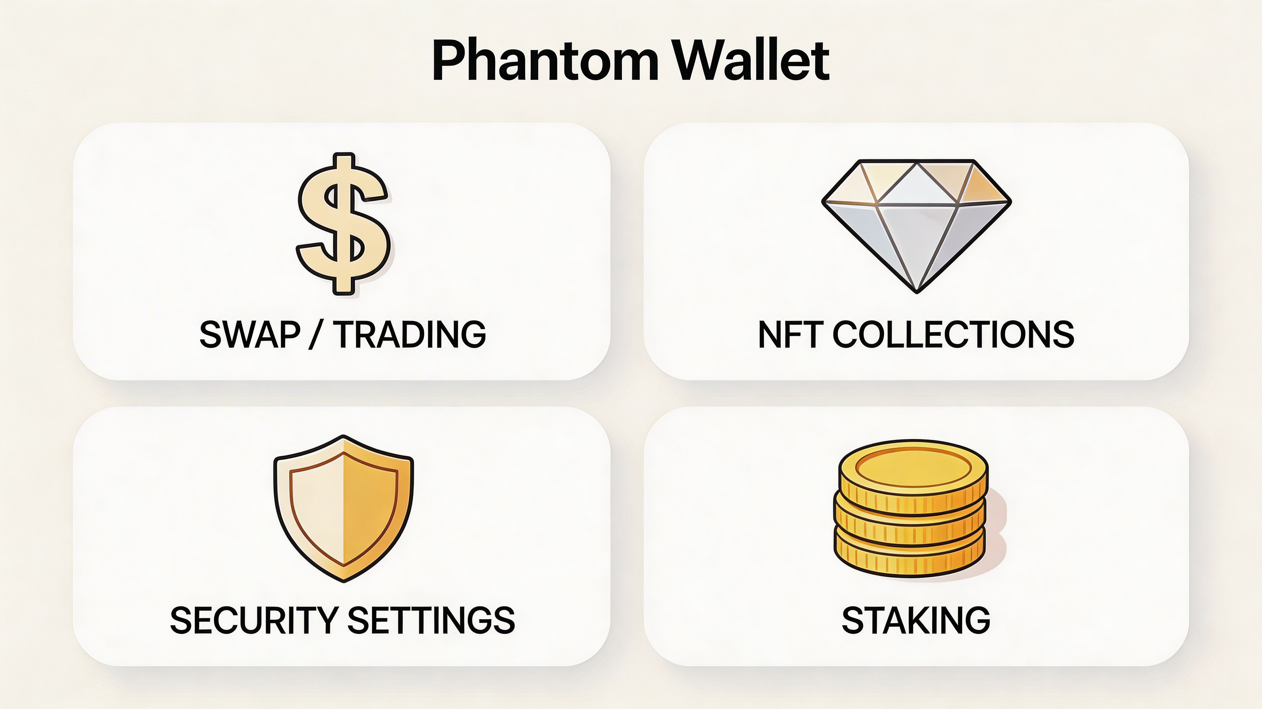 A graphic interface showcasing the four primary features of the Phantom crypto wallet: swapping, NFTs, security, and staking.
