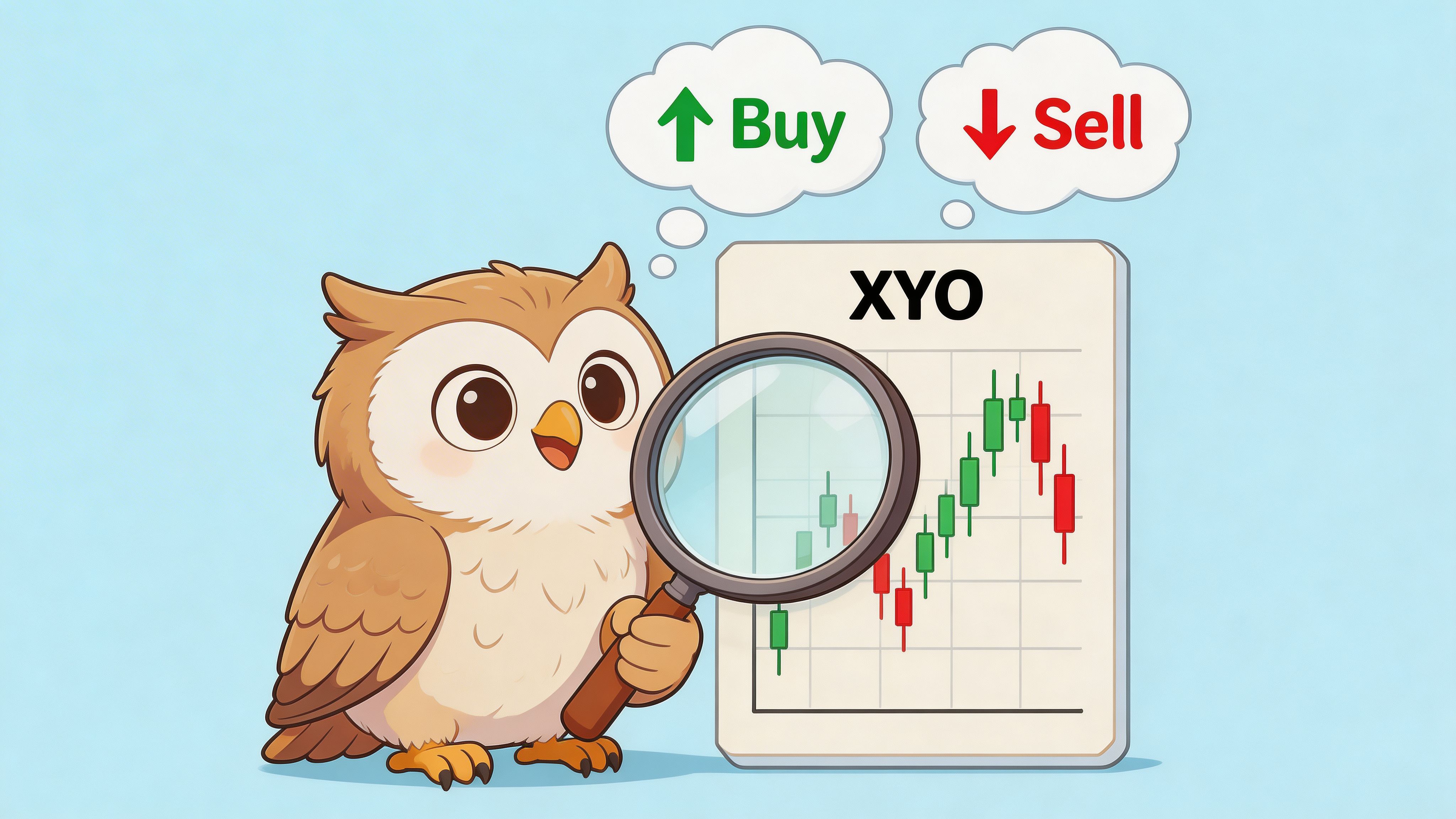 A cute owl holding a magnifying glass while analyzing a financial candlestick chart labeled XYO.