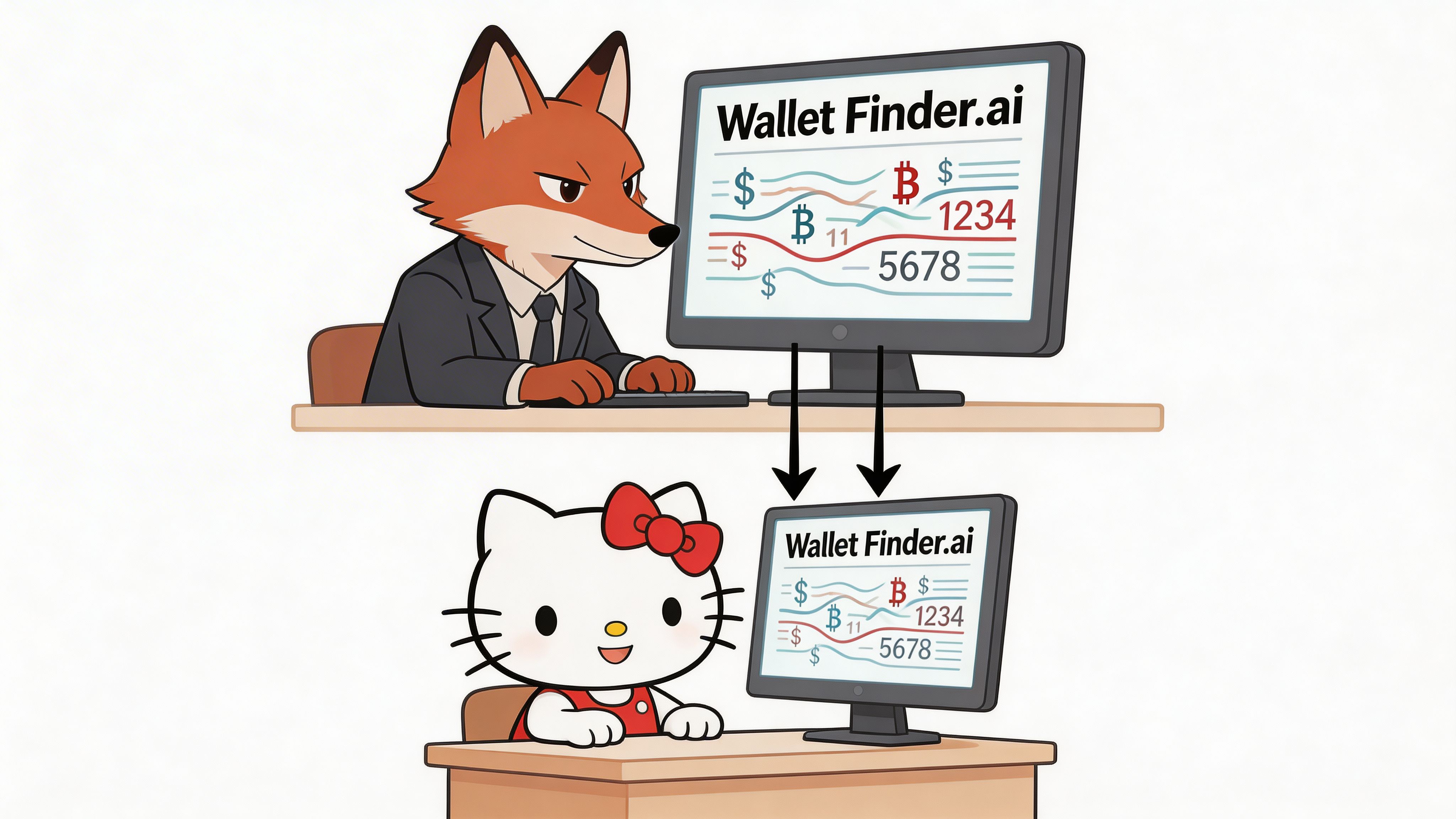 A fox in a suit and Hello Kitty both working on computers labeled Wallet Finder.ai, illustrating data transfer.