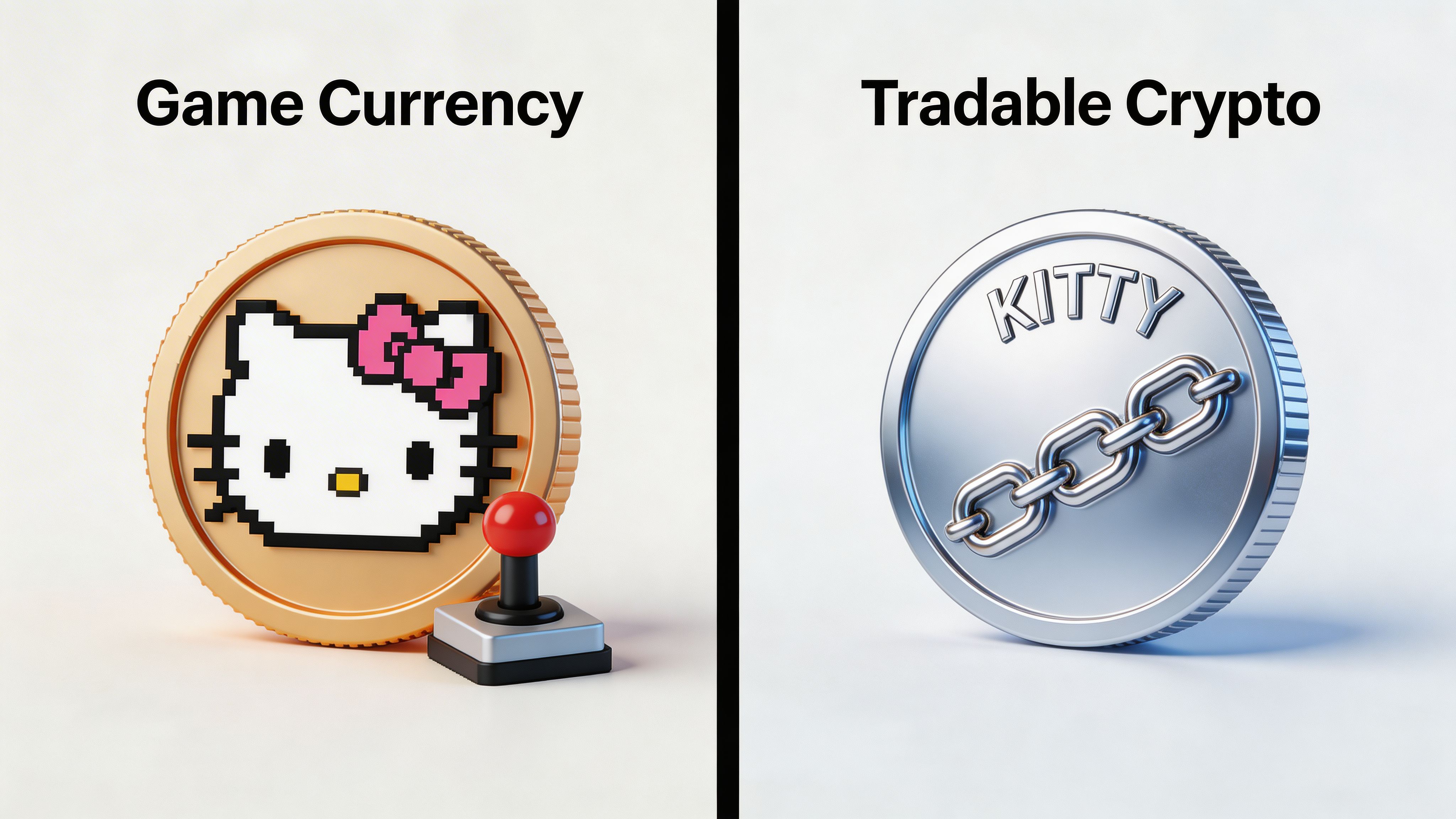 A split image contrasting a gold Hello Kitty game coin with a silver tradable crypto token.