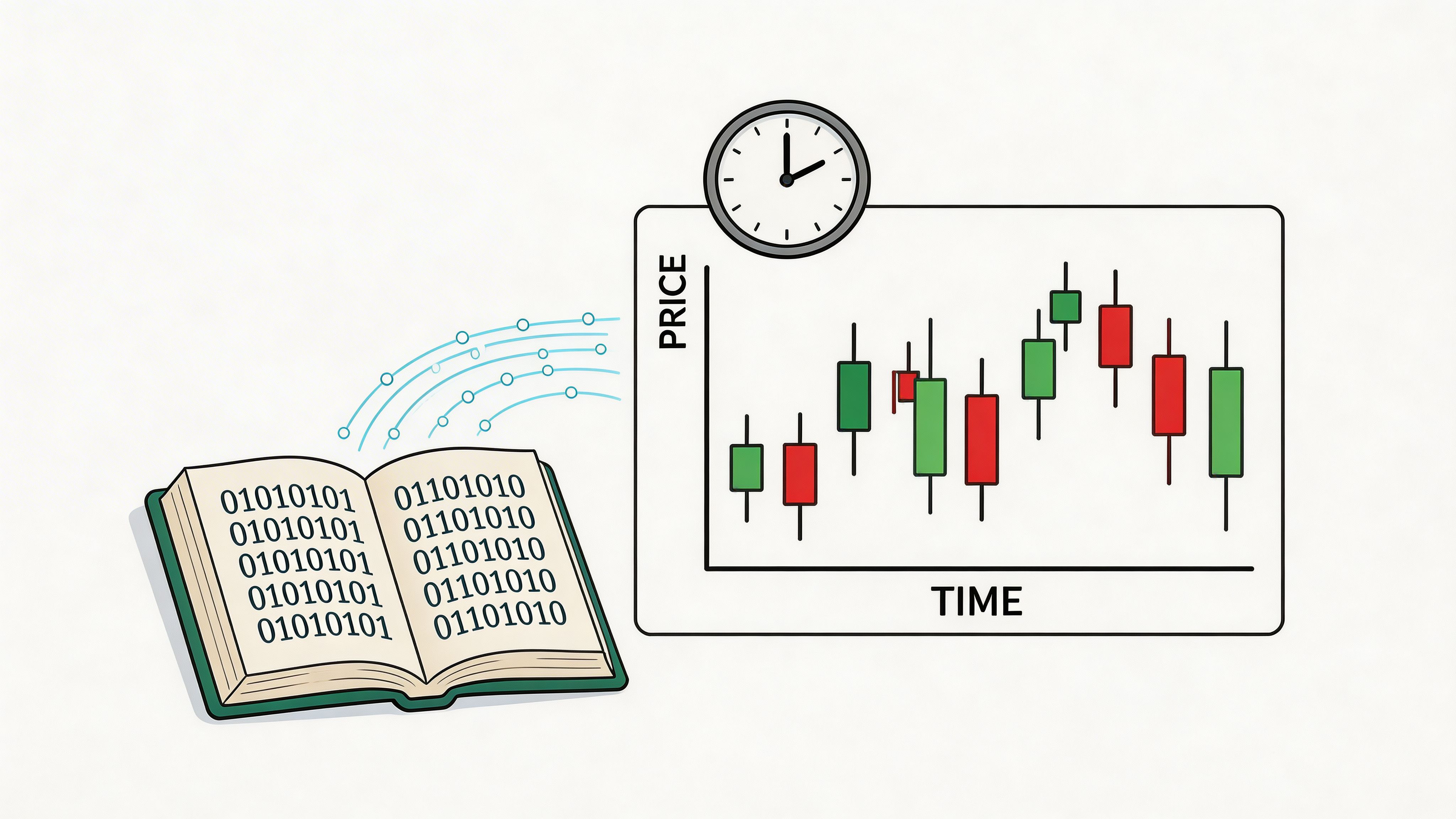 A digital illustration representing binary code from a book being converted into a financial price chart.