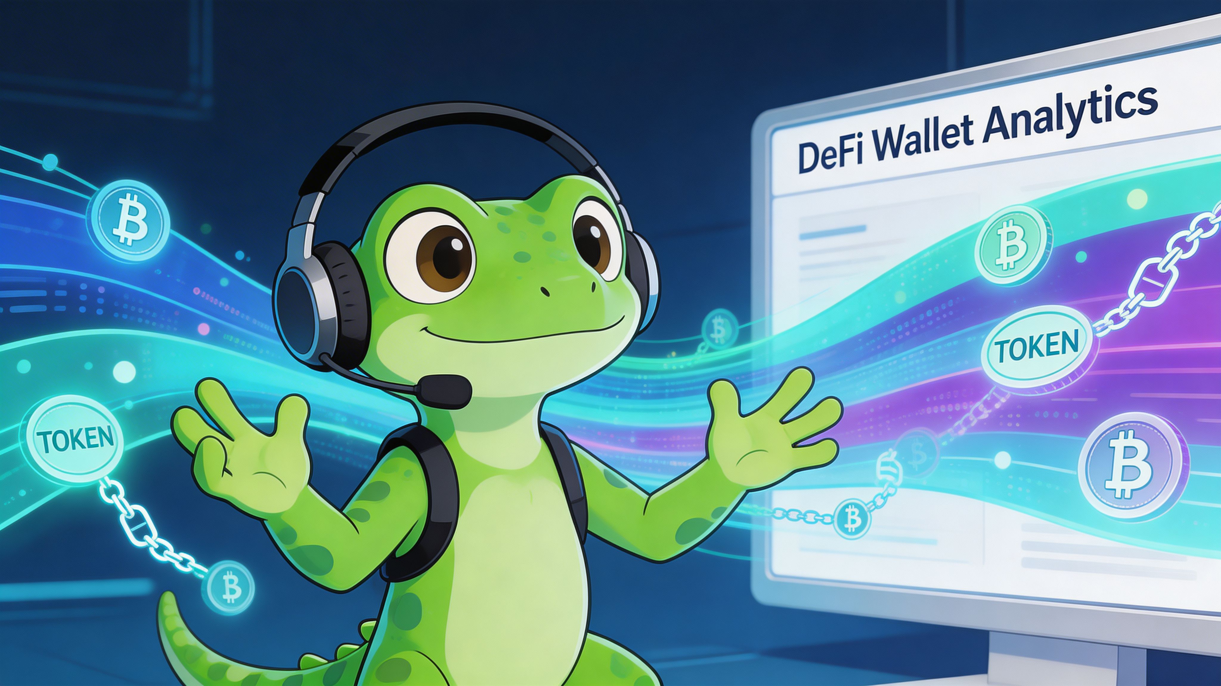 A friendly green gecko mascot wearing a headset in front of a computer screen displaying DeFi Wallet Analytics.