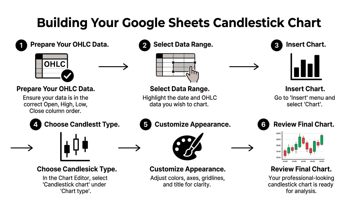 A step-by-step infographic showing how to create a candlestick chart in Google Sheets.
