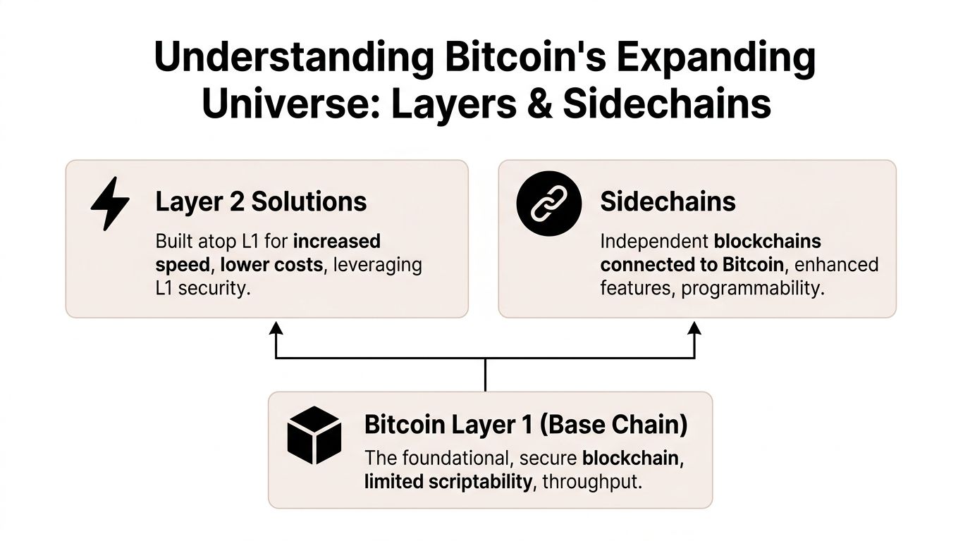 A diagram explaining Bitcoin's scaling ecosystem including Layer 1, Layer 2 solutions, and sidechains for better scalability.