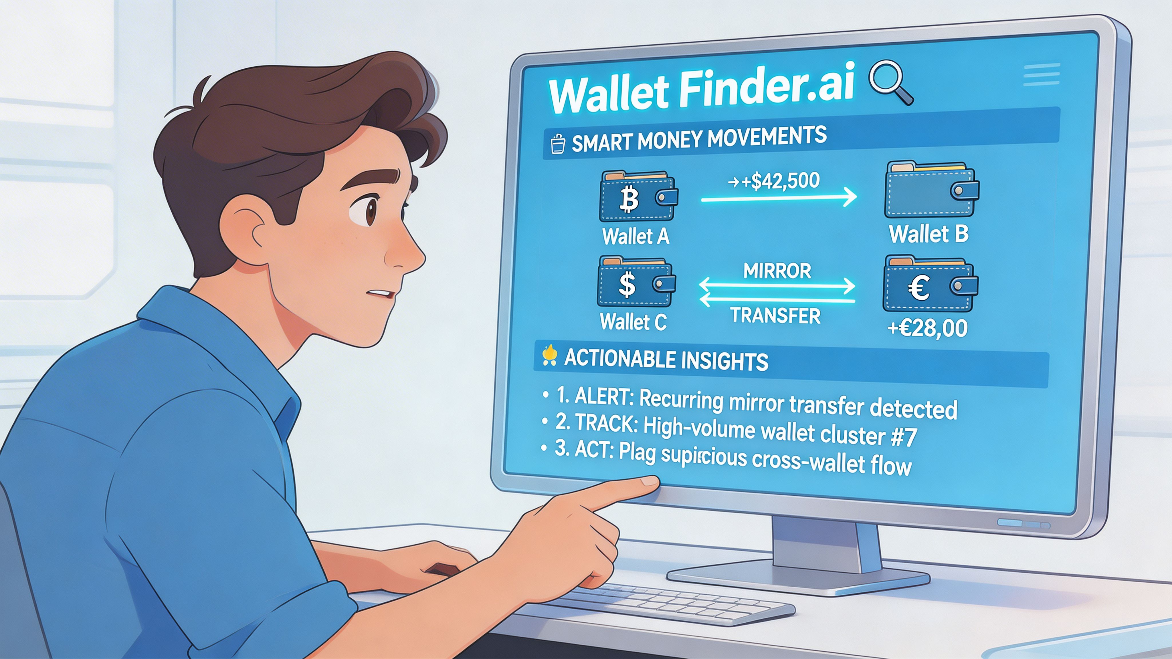 A young man points at a computer screen displaying cryptocurrency wallet monitoring software and actionable financial insights.