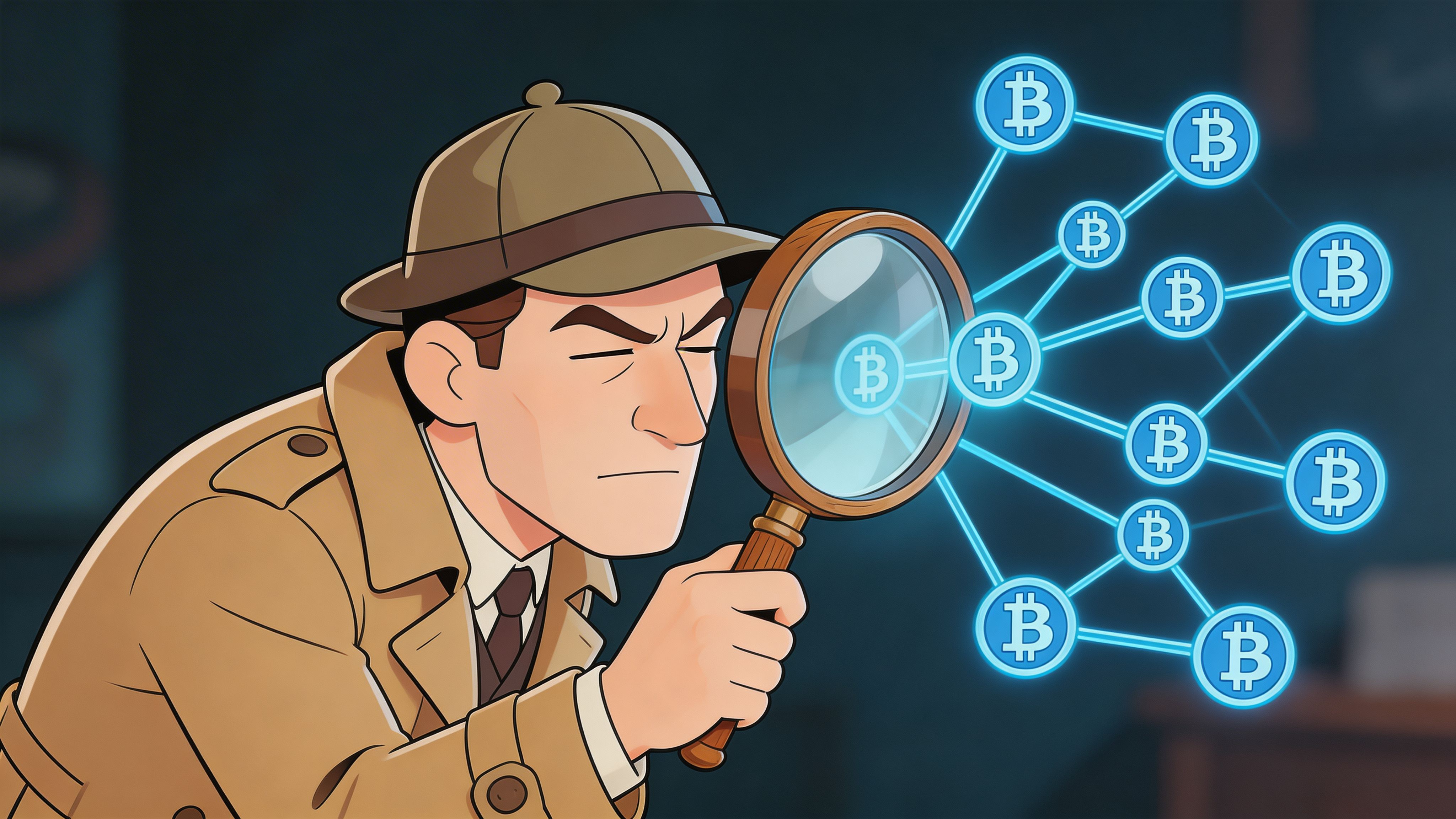 A detective examines a glowing Bitcoin network connection structure through a magnifying glass in a digital art style.