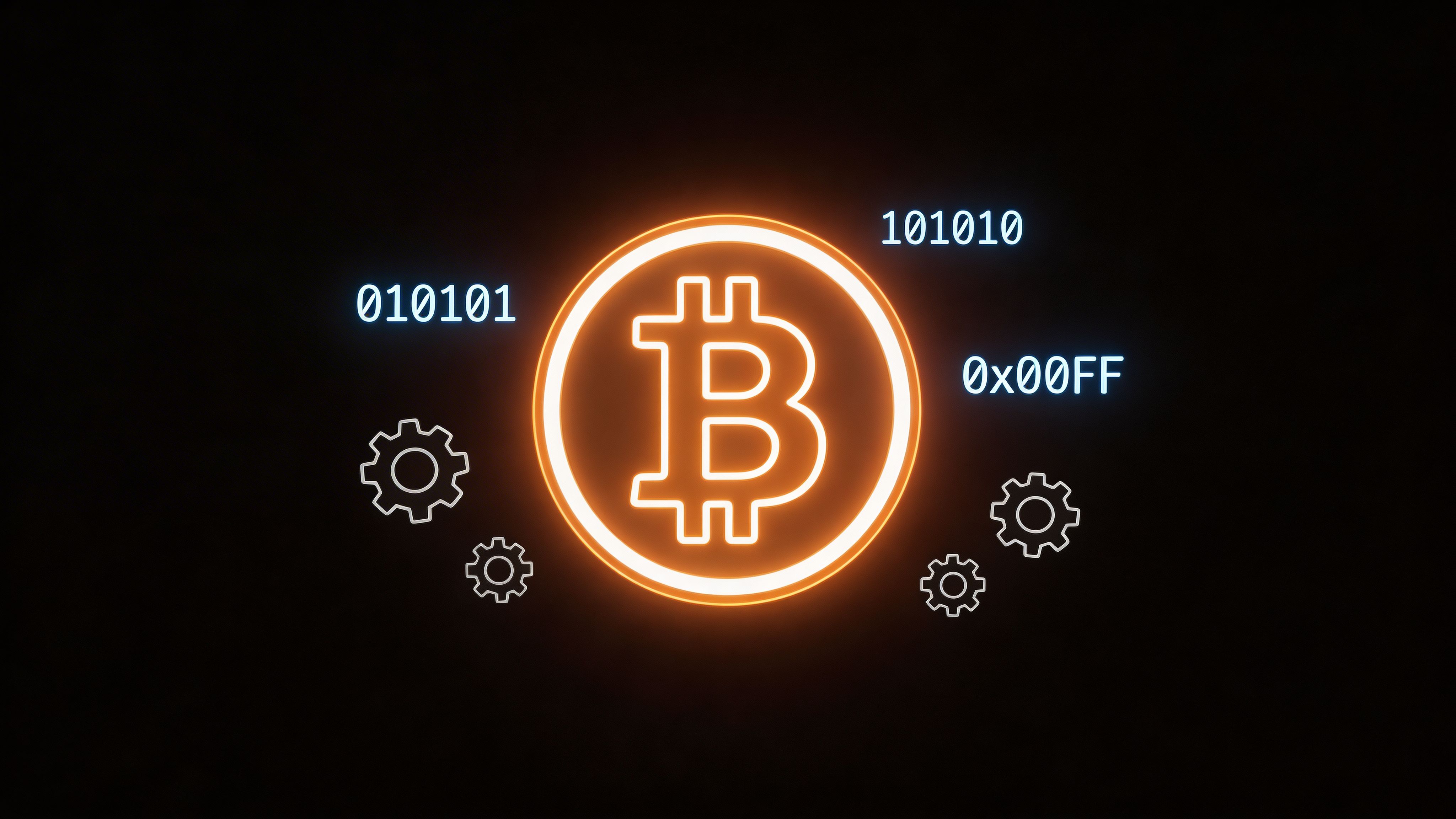 A glowing orange Bitcoin logo surrounded by digital code and mechanical gears on a black background