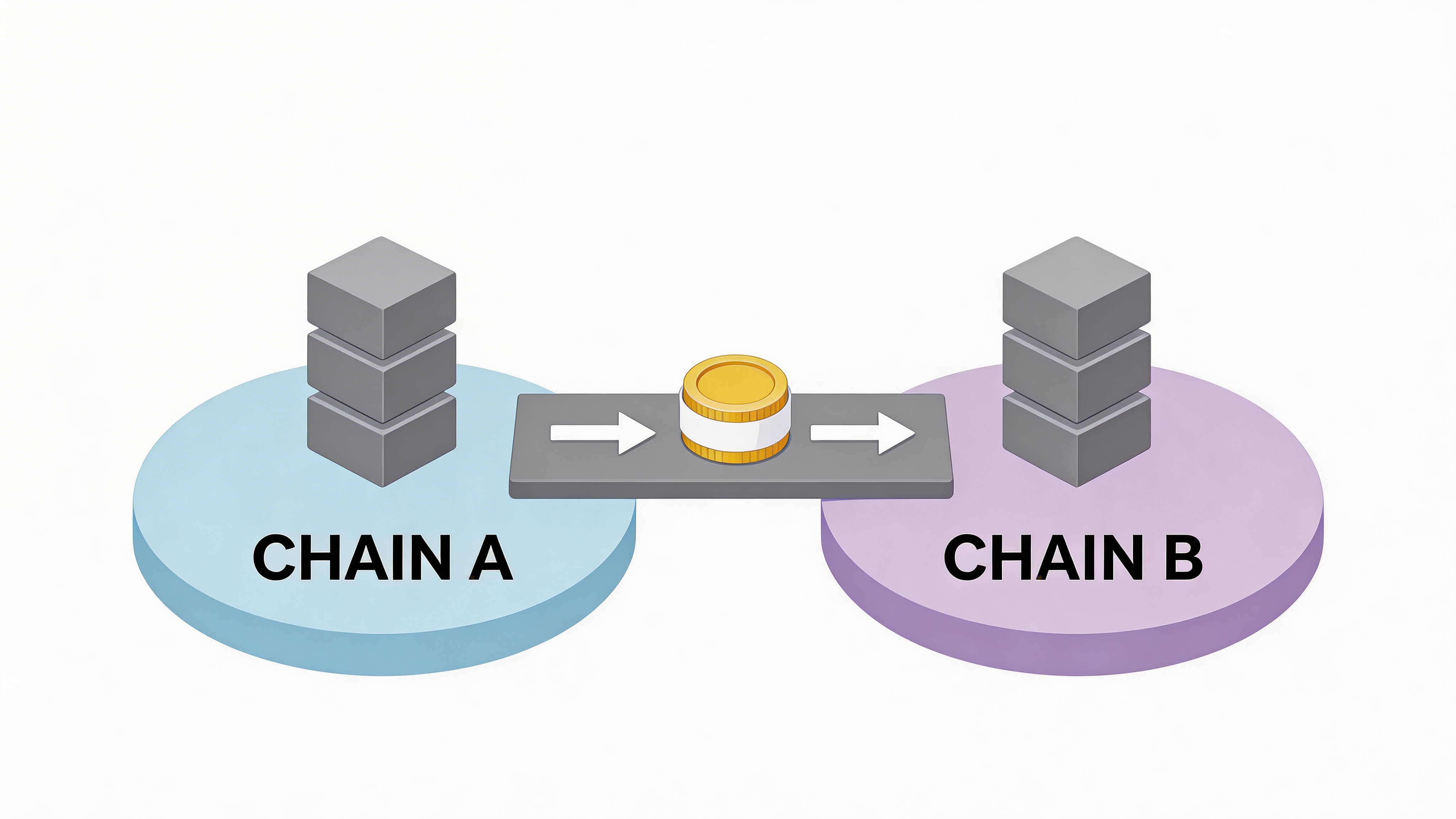 A conceptual diagram showing a digital coin being transferred between Chain A and Chain B blockchains.