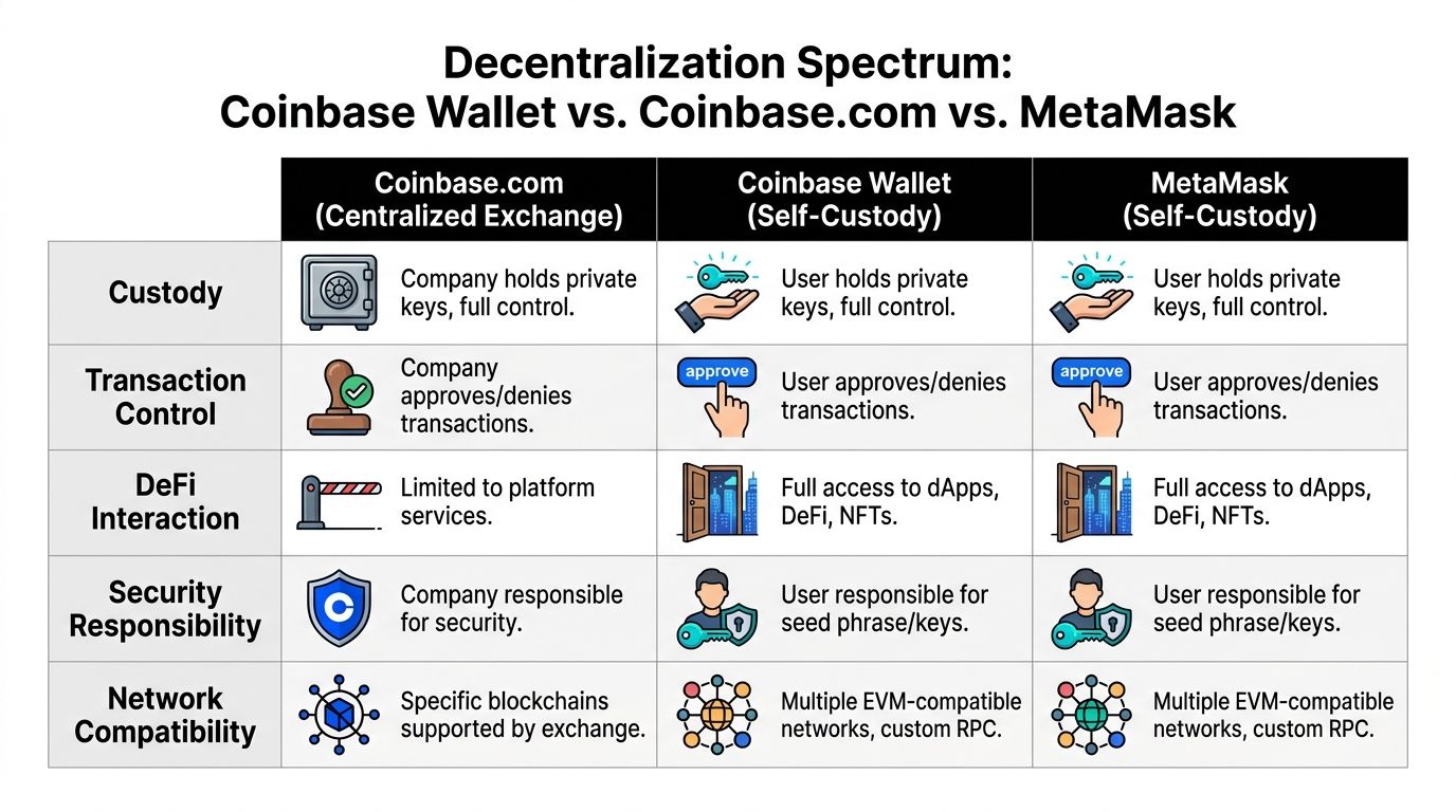 A comparison chart showing differences between Coinbase.com, Coinbase Wallet, and MetaMask regarding custody, control, and features.
