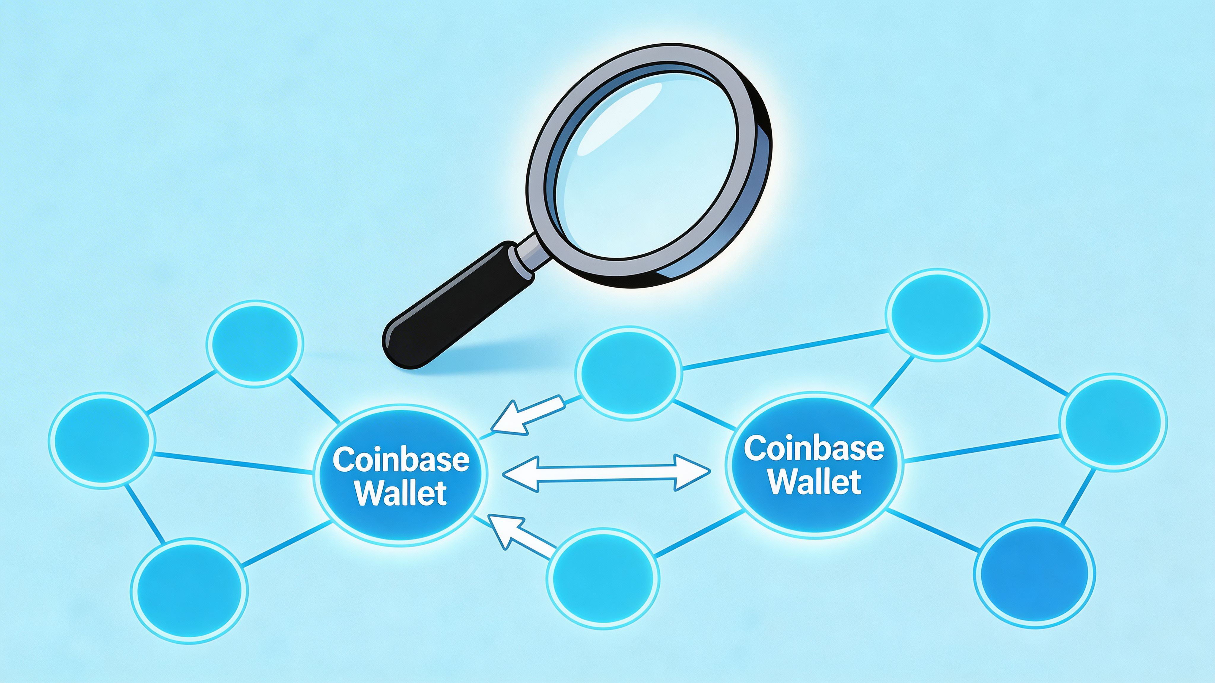 A magnifying glass examining a network of connected nodes featuring two Coinbase Wallet icons on blue background.