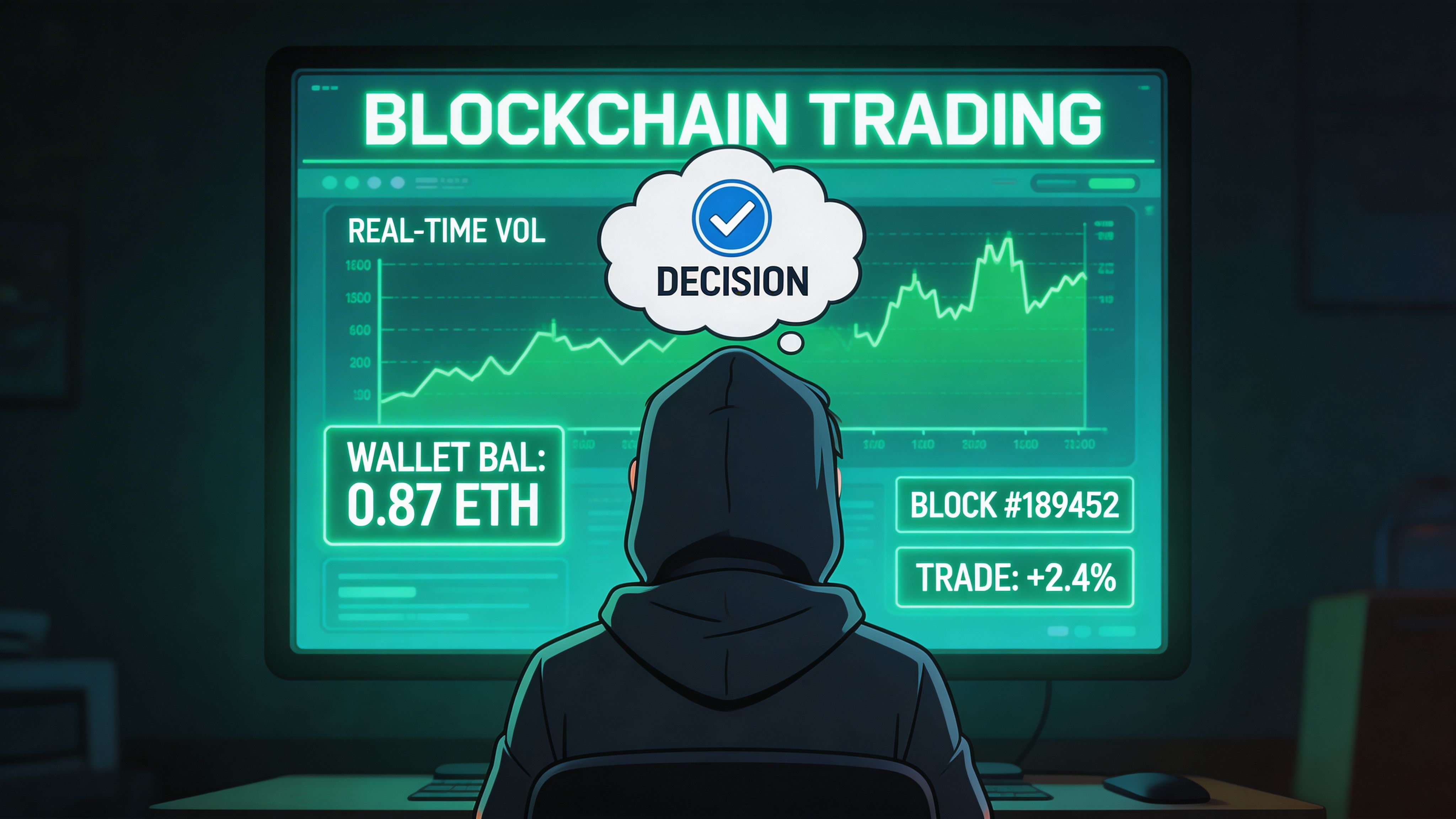 A hacker in a hoodie analyzes live cryptocurrency trading charts on a computer screen in the dark.