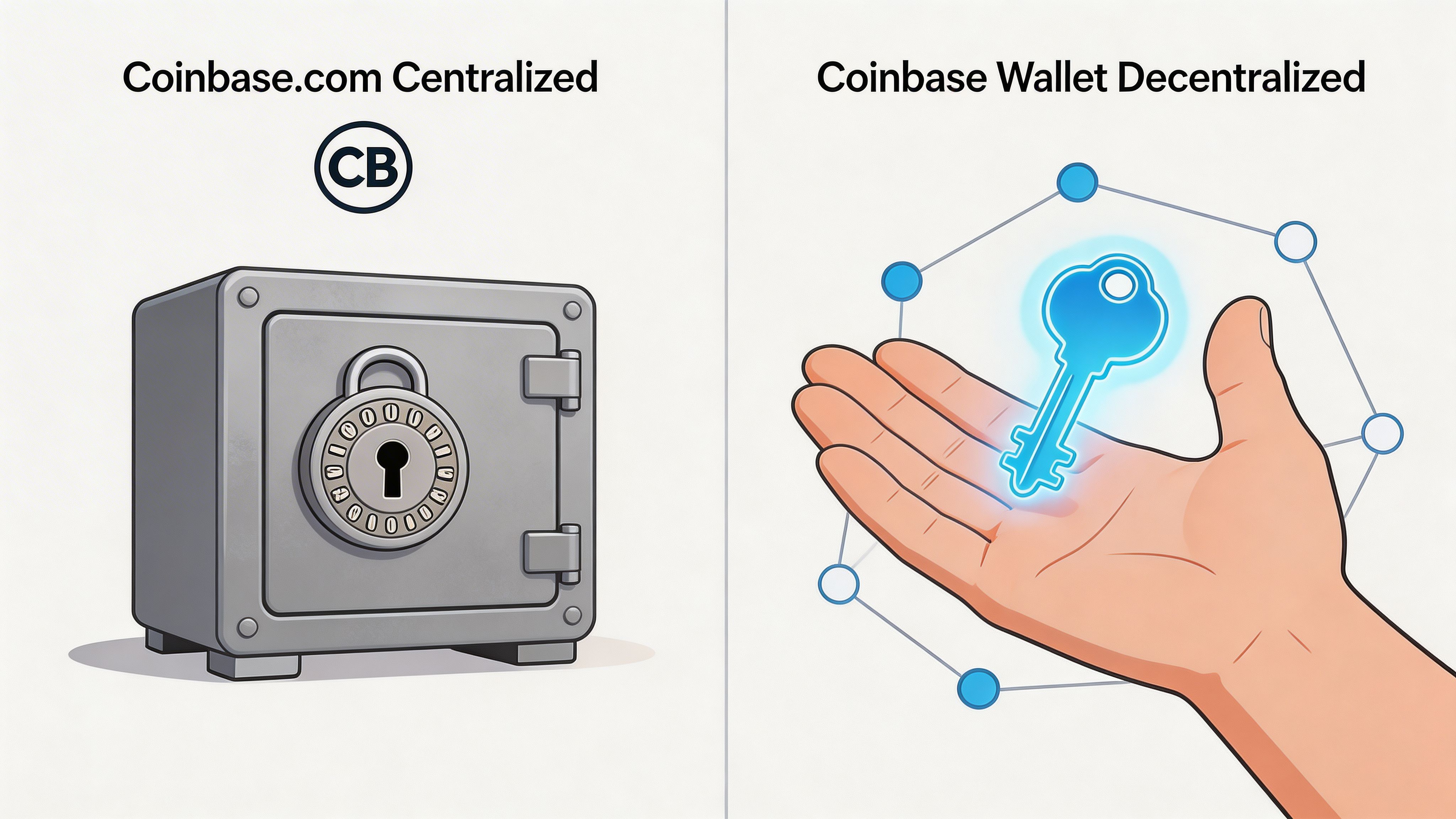 A split image comparing centralized Coinbase accounts represented by a safe and decentralized wallets held by users.