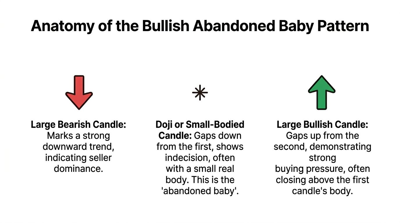 A diagram explaining the anatomy of a bullish abandoned baby candlestick pattern used in financial market analysis.