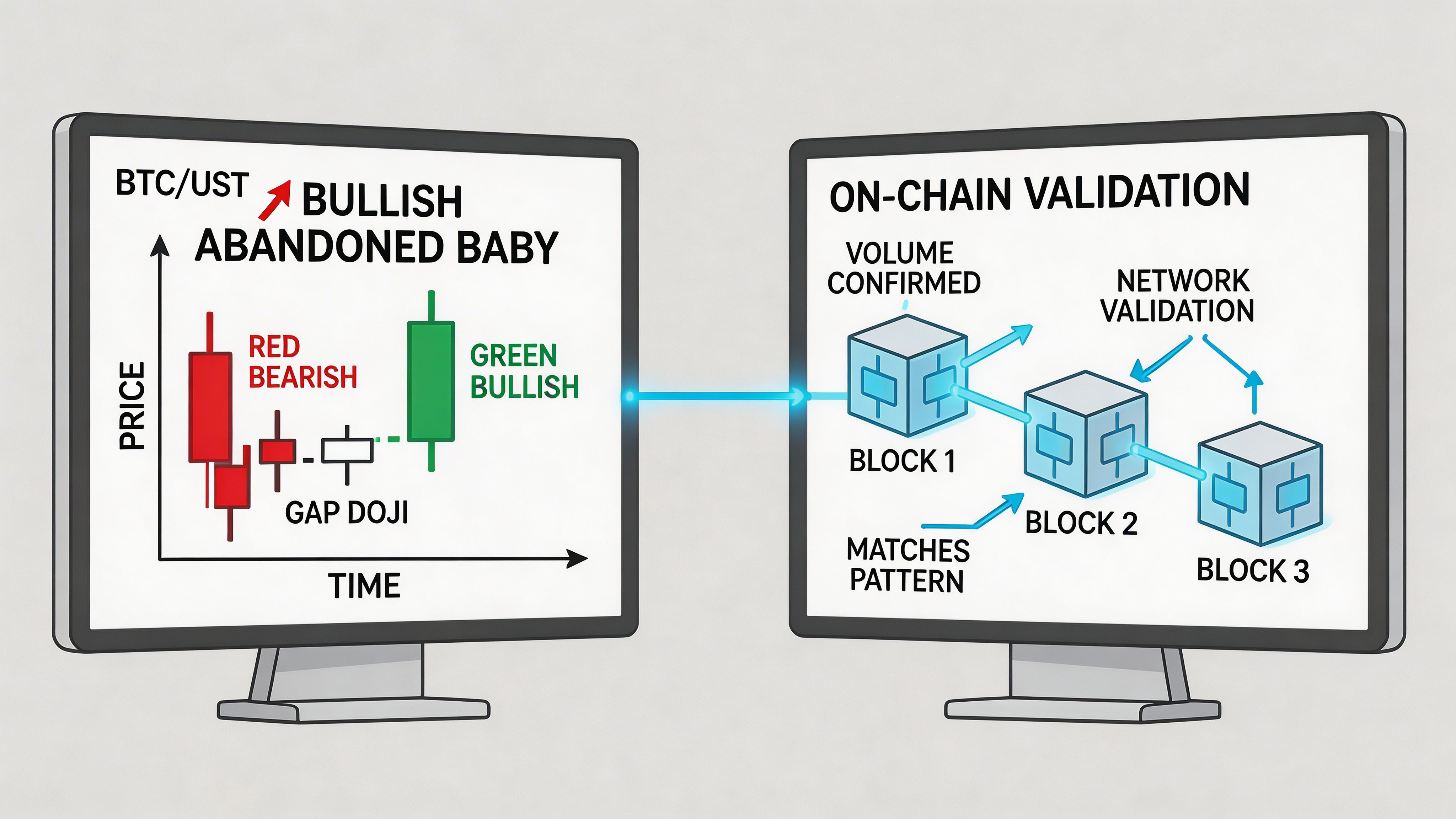 A digital illustration showing a bullish abandoned baby candlestick pattern chart alongside an on-chain blockchain validation process.