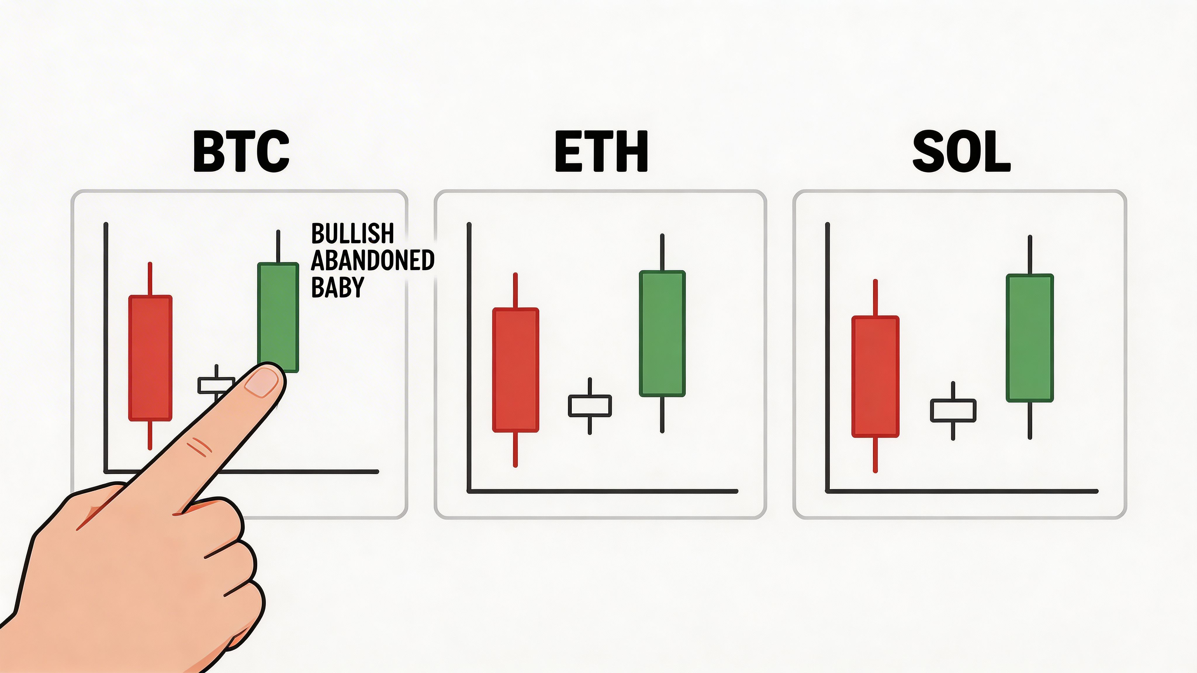 A hand pointing at a Bullish Abandoned Baby candlestick pattern chart for BTC, ETH, and SOL assets.
