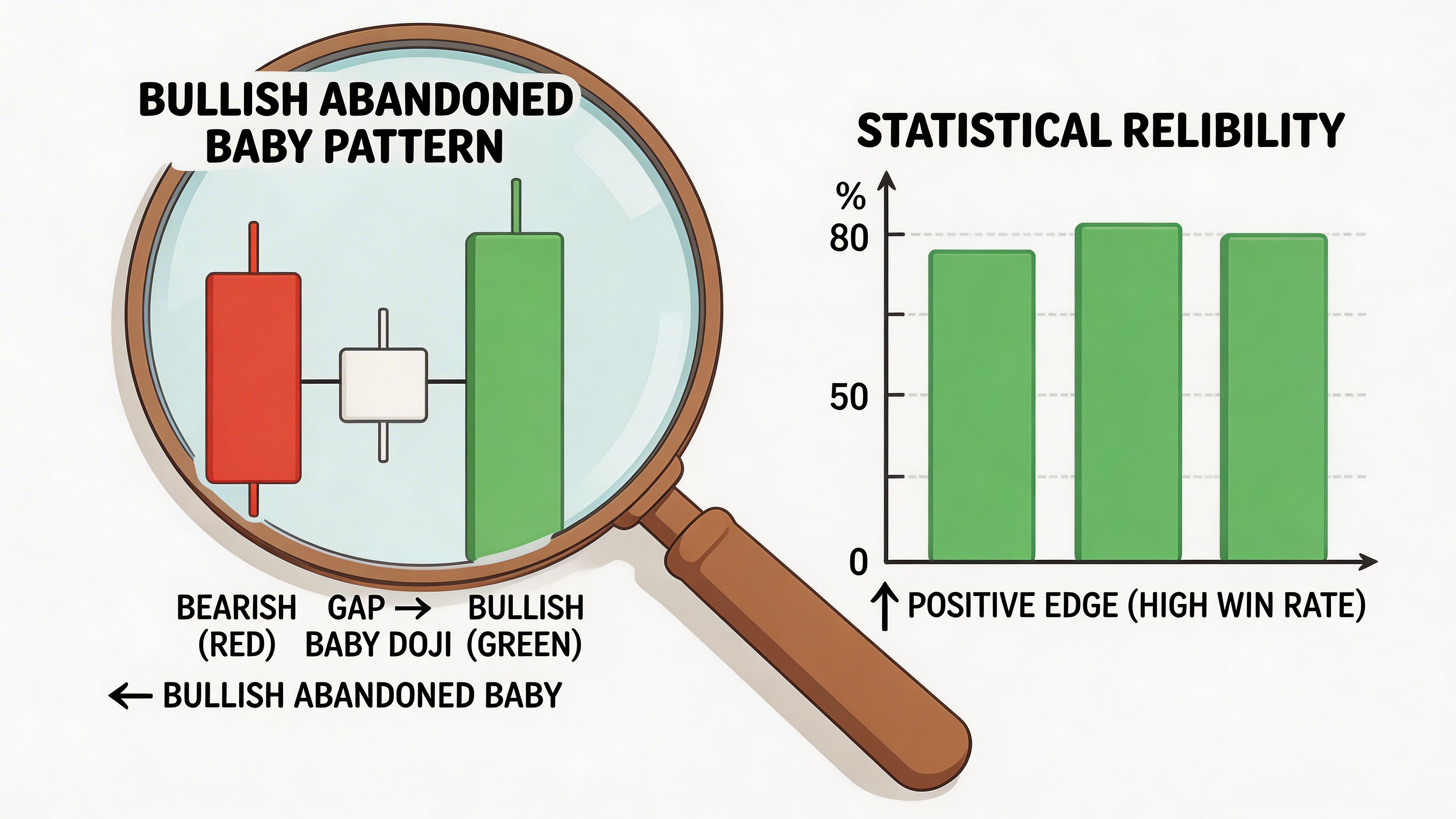 A magnifying glass showing a bullish abandoned baby candlestick pattern next to a statistical reliability bar chart.