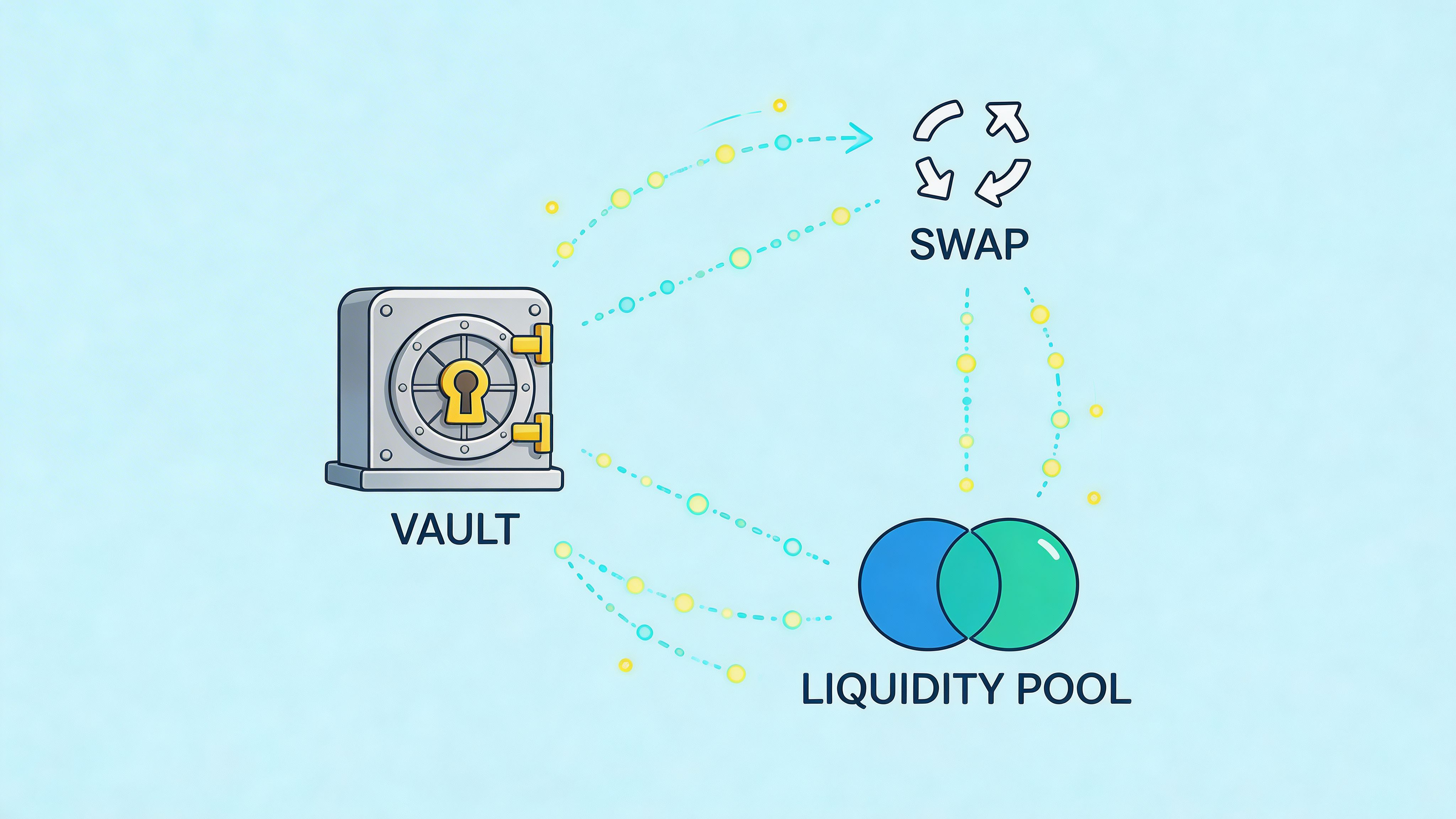 A diagram illustrating the flow between a cryptocurrency vault, a token swap mechanism, and a liquidity pool.
