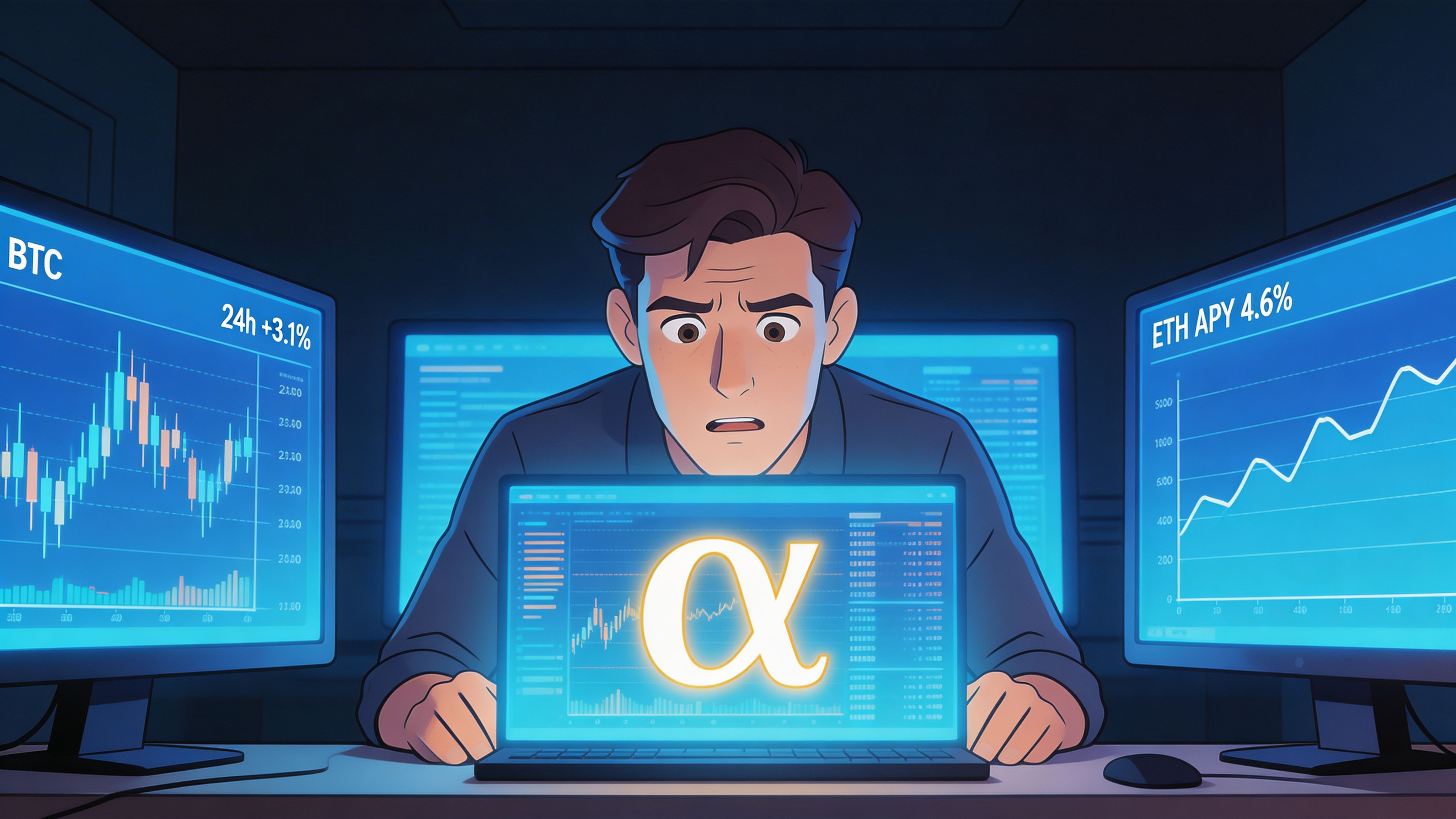 A focused trader looking at multiple computer screens displaying cryptocurrency charts and the Alpha symbol.