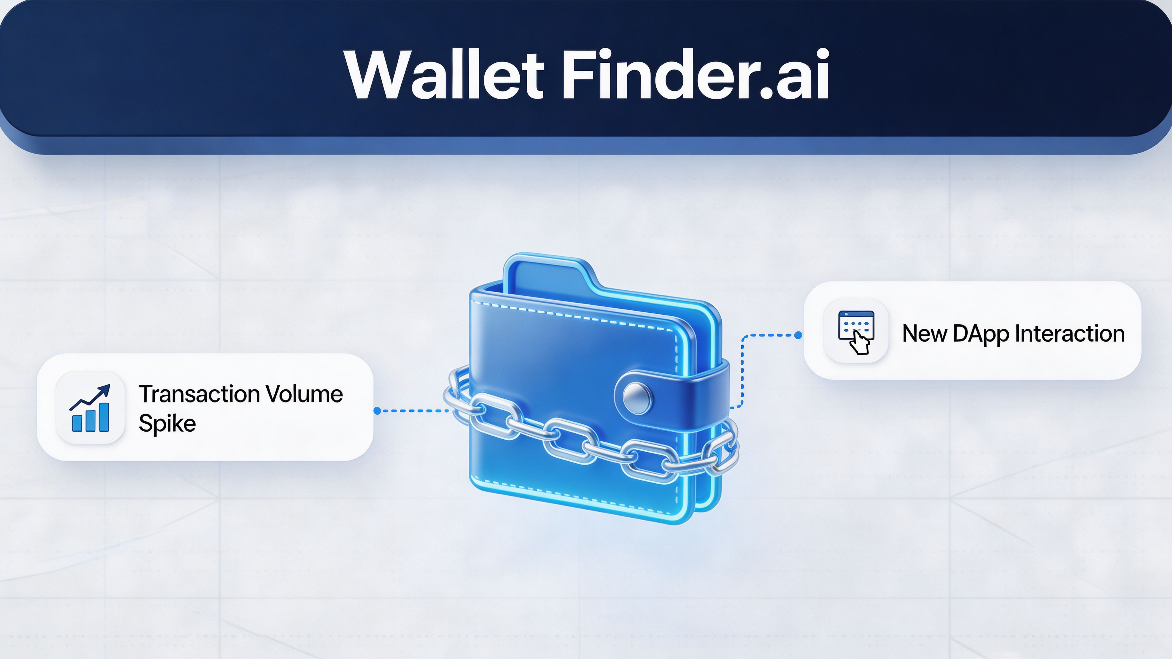 A 3D graphic of a blue digital wallet wrapped in a chain, featuring transaction and dApp interaction metrics.