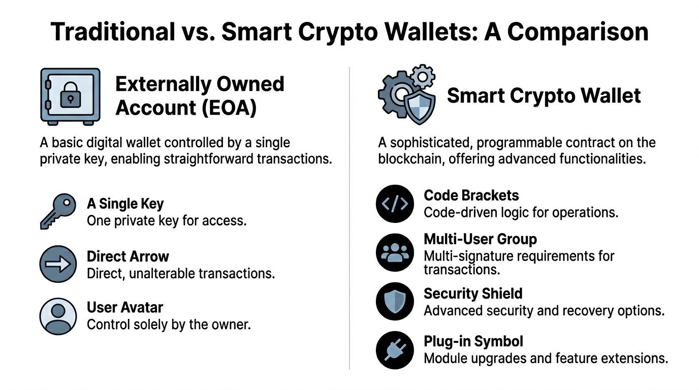 A comparison chart outlining the key differences between traditional Externally Owned Account crypto wallets and smart crypto wallets.