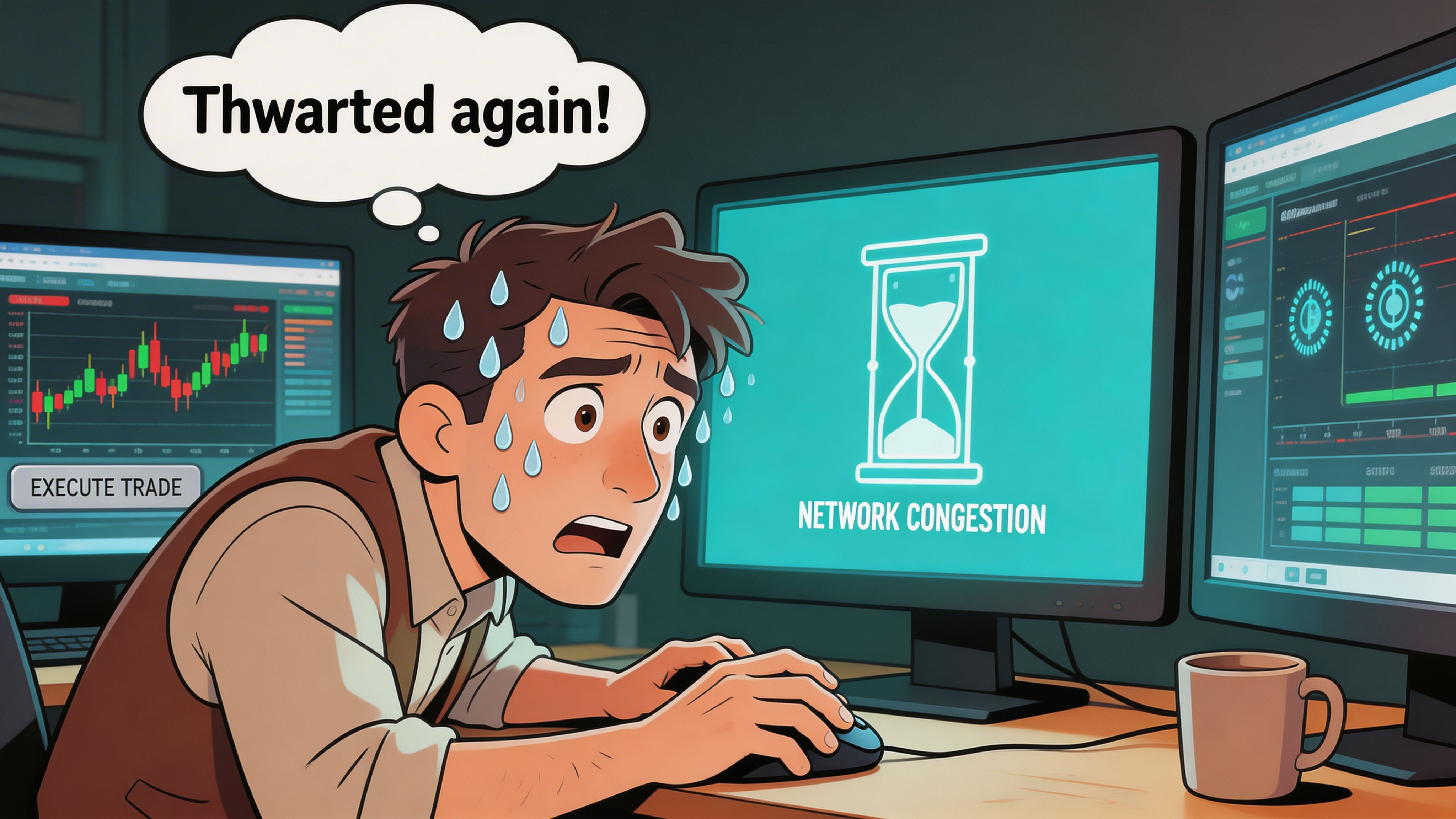A stressed trader looking at computer screens showing network congestion while trying to execute a cryptocurrency trade.