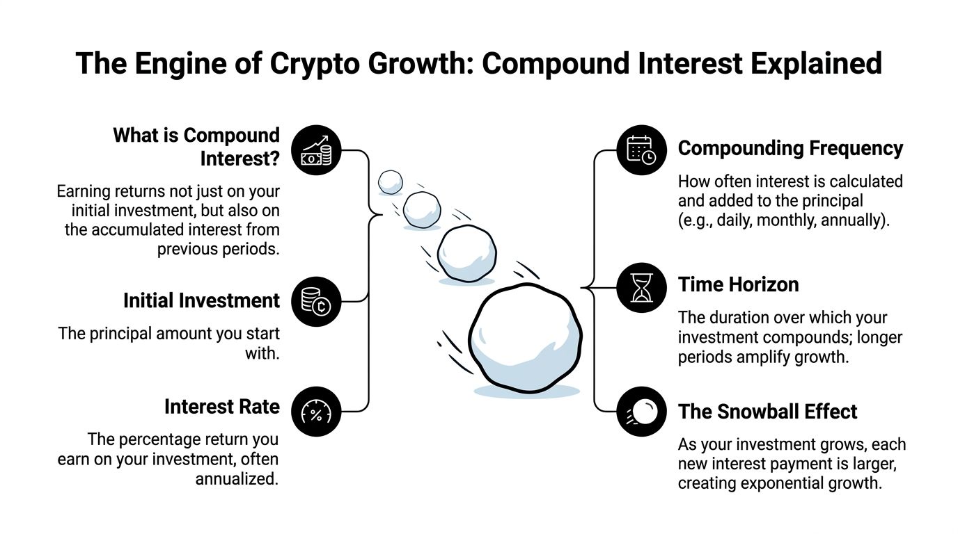 An infographic titled The Engine of Crypto Growth explaining compound interest concepts like frequency and time horizon.