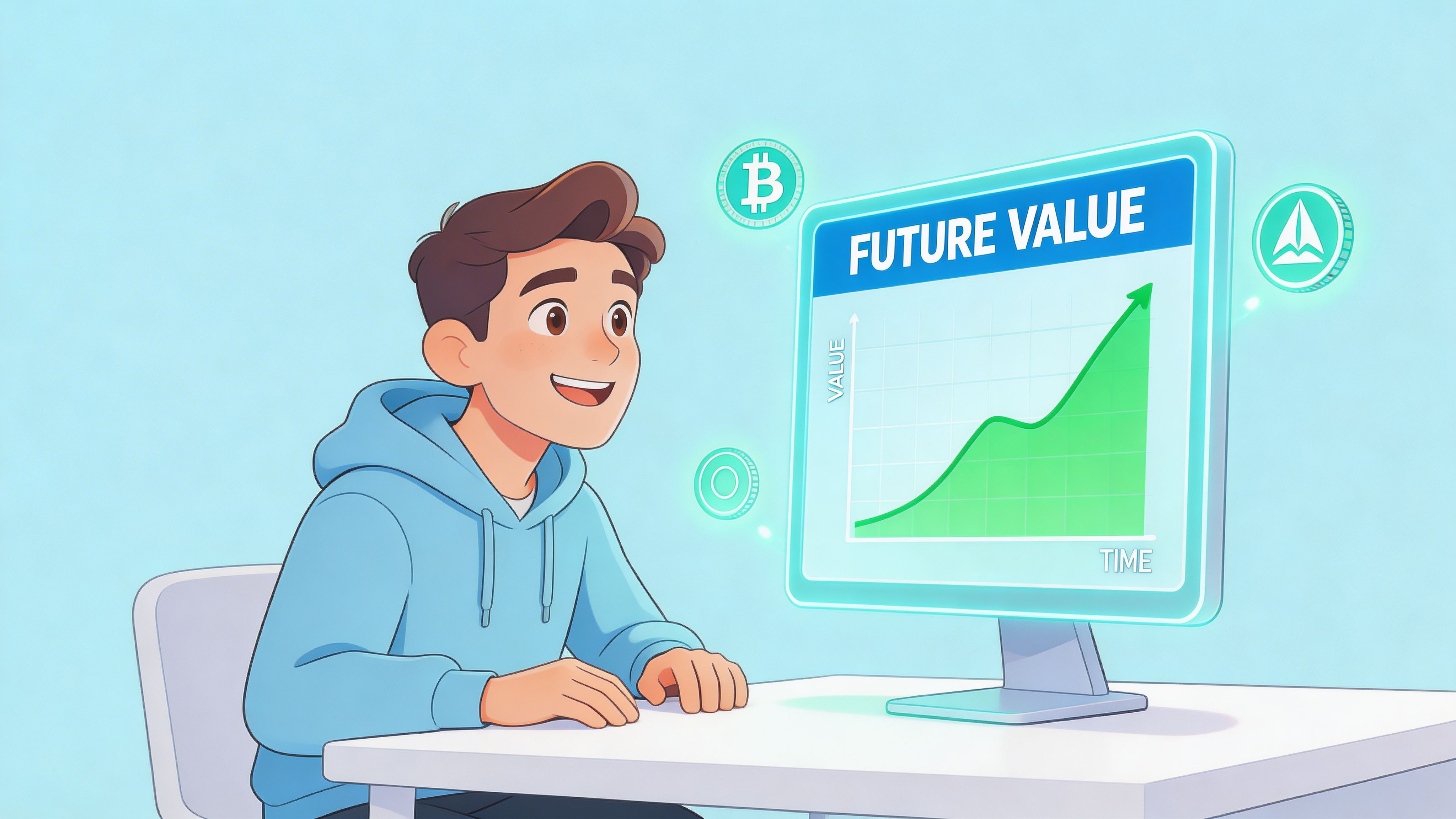 A young boy looking at a computer monitor displaying a rising growth chart for cryptocurrency future value.