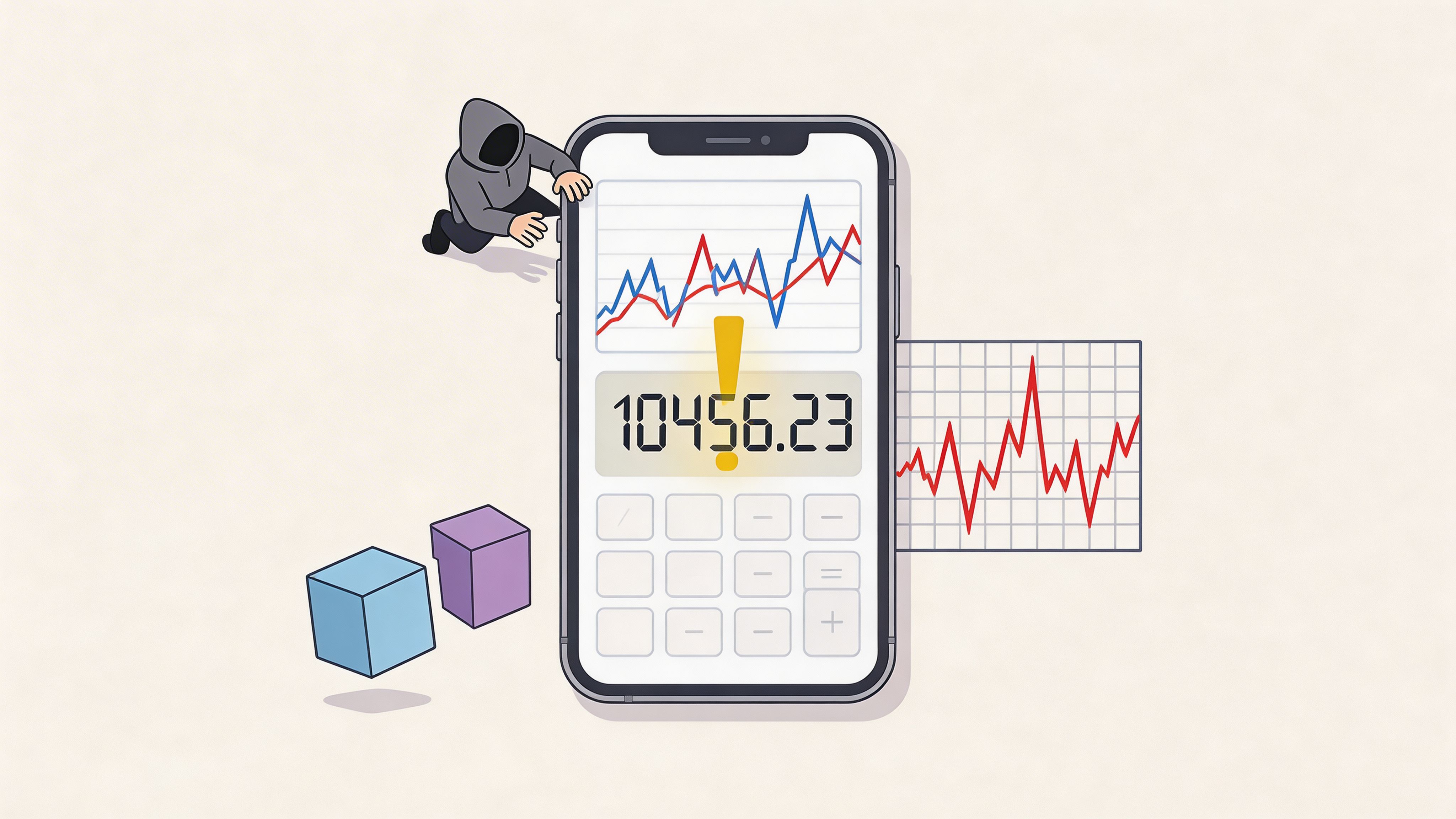 A hacker figure interacting with a smartphone displaying financial graphs and a suspicious numerical calculation alert.