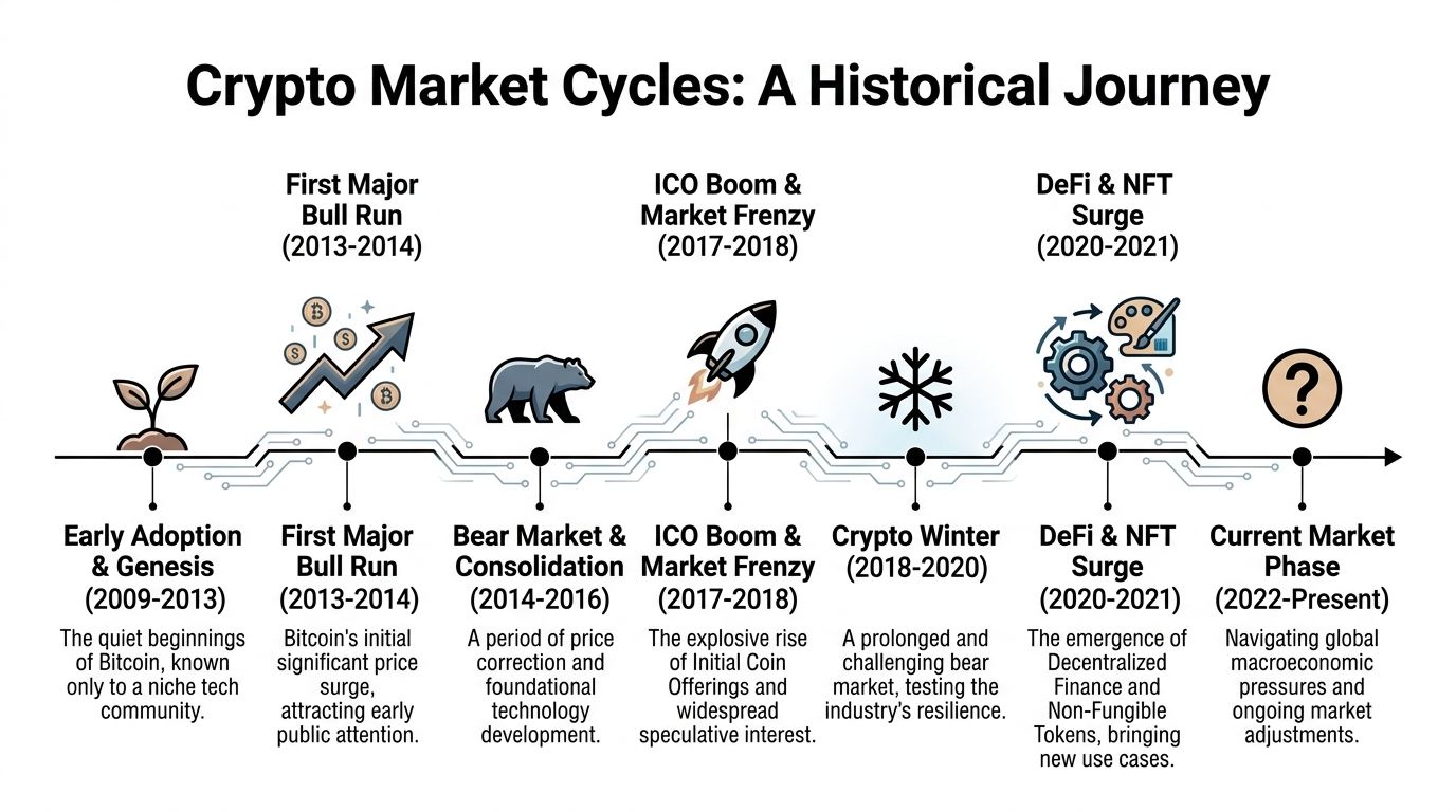 An infographic timeline illustrating the historical market cycles of cryptocurrency from 2009 to the present.