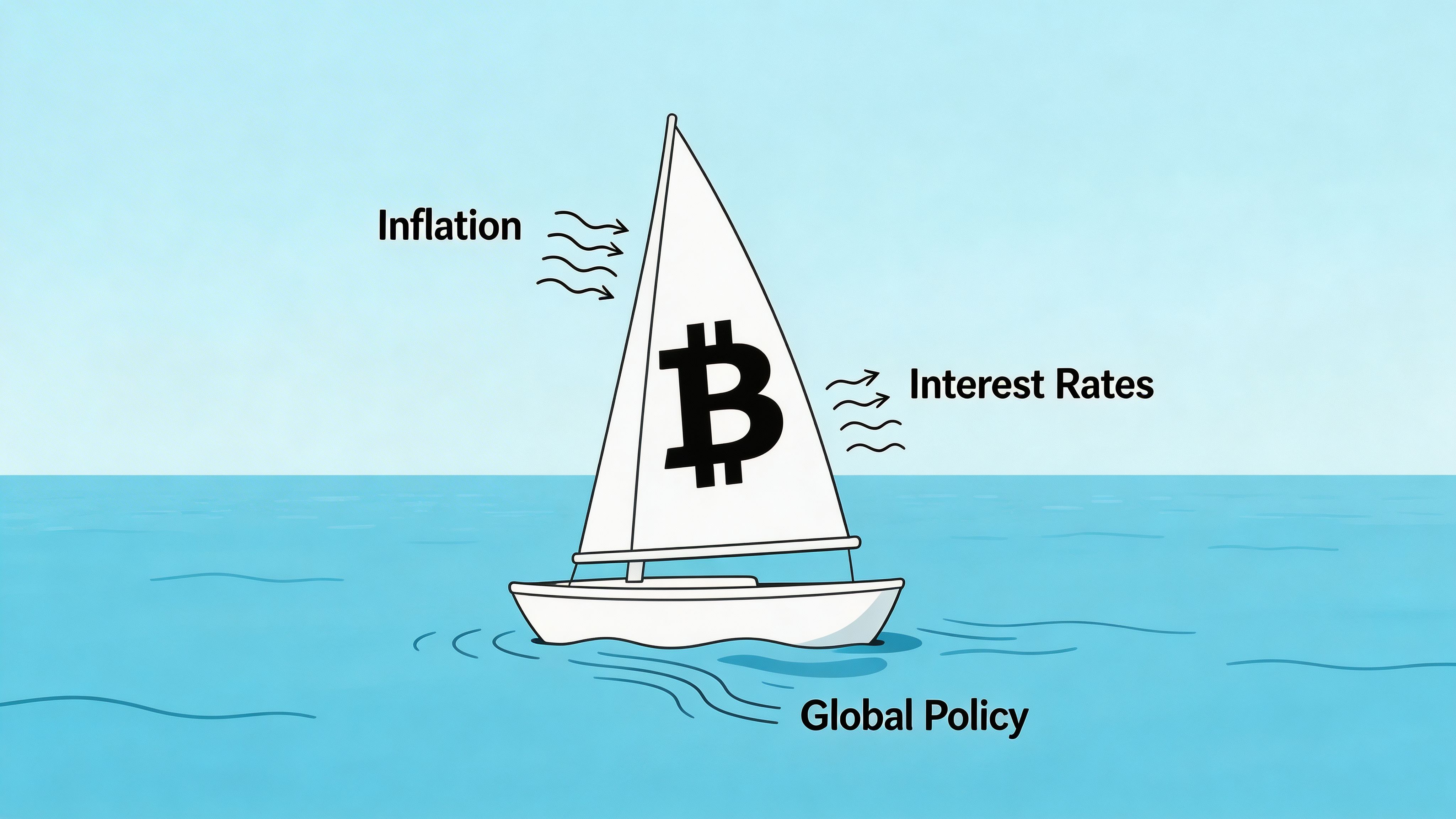 A sailboat with a Bitcoin symbol on its sail navigating through wind labeled inflation and interest rates.