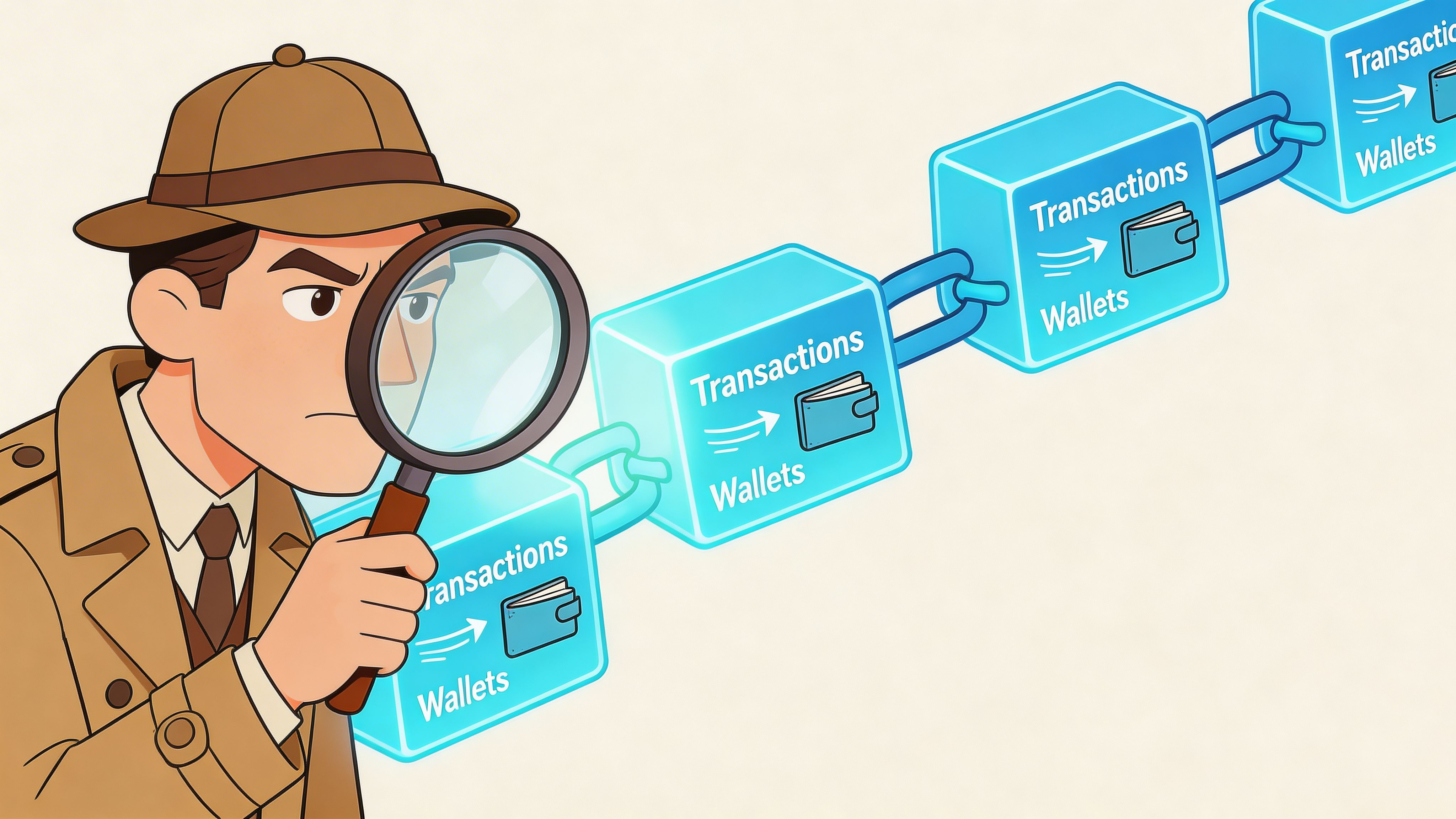 A cartoon detective using a magnifying glass to inspect digital blocks representing cryptocurrency transactions and wallet data.
