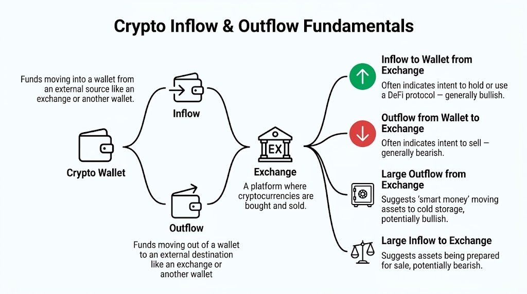 A diagram illustrating crypto inflow and outflow fundamentals between a crypto wallet and an exchange platform.