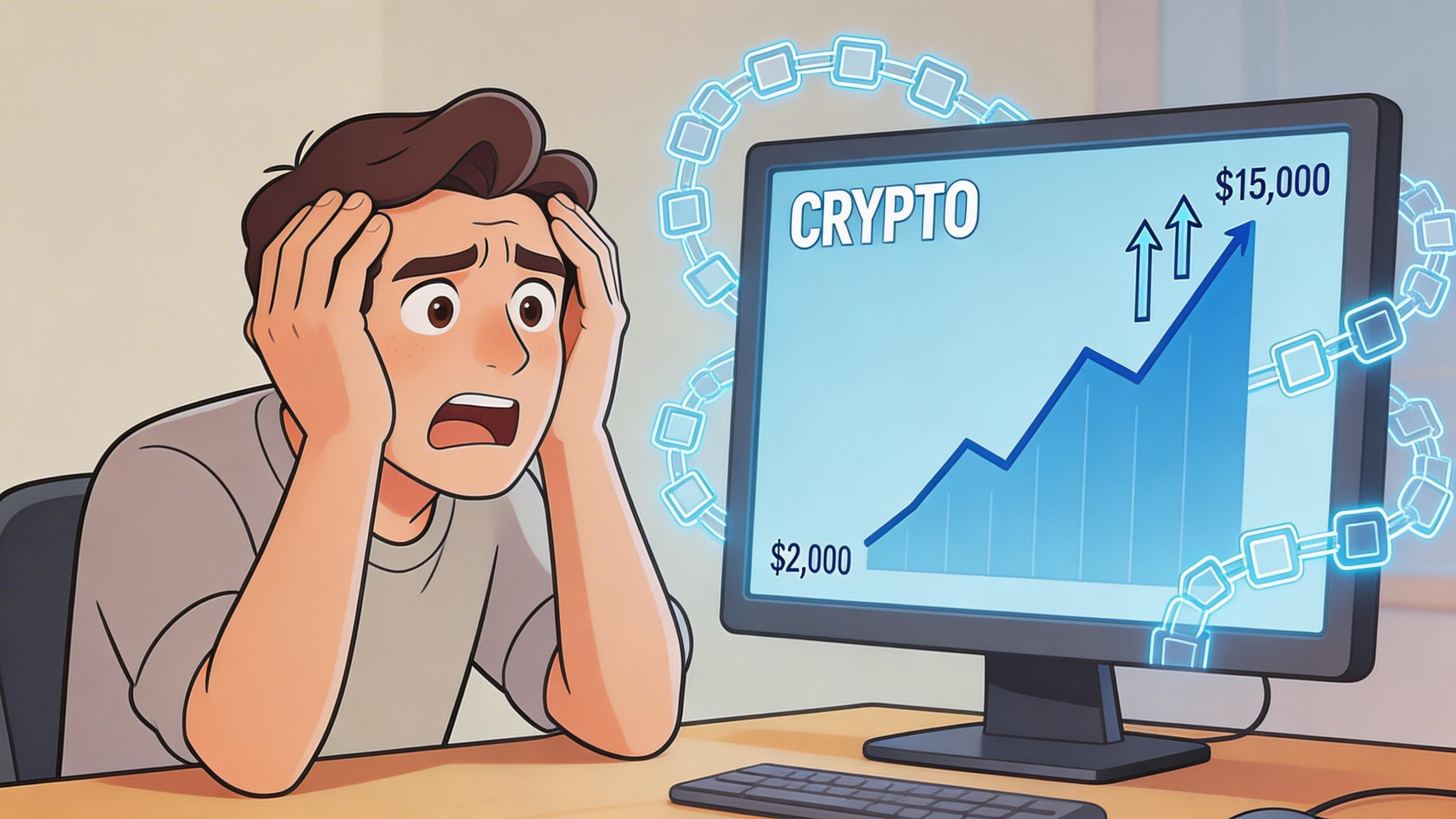 A stressed young man looking in shock at a computer screen showing rising crypto market trends.