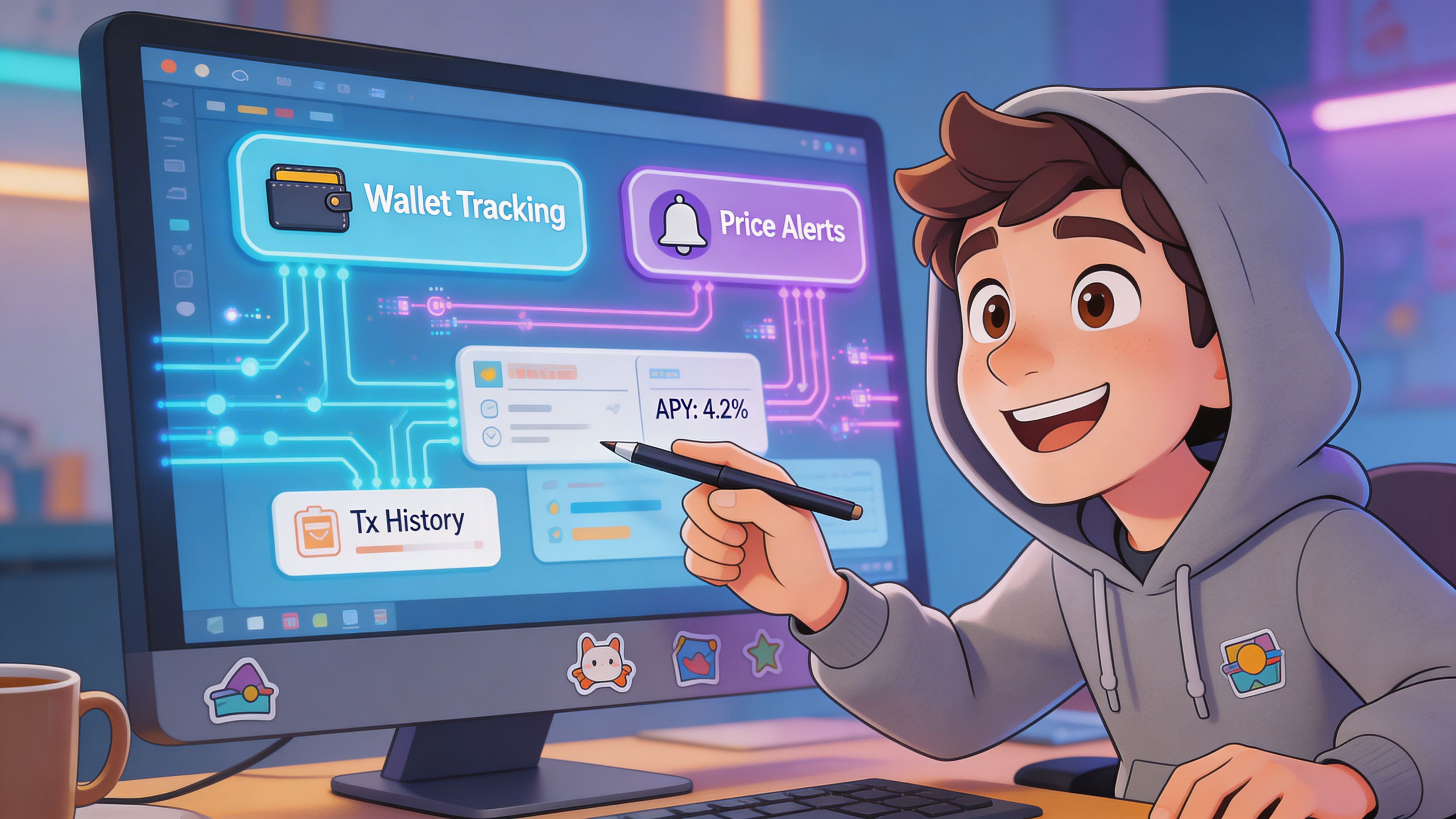A happy young developer in a hoodie points at a digital screen showing cryptocurrency wallet tracking features.
