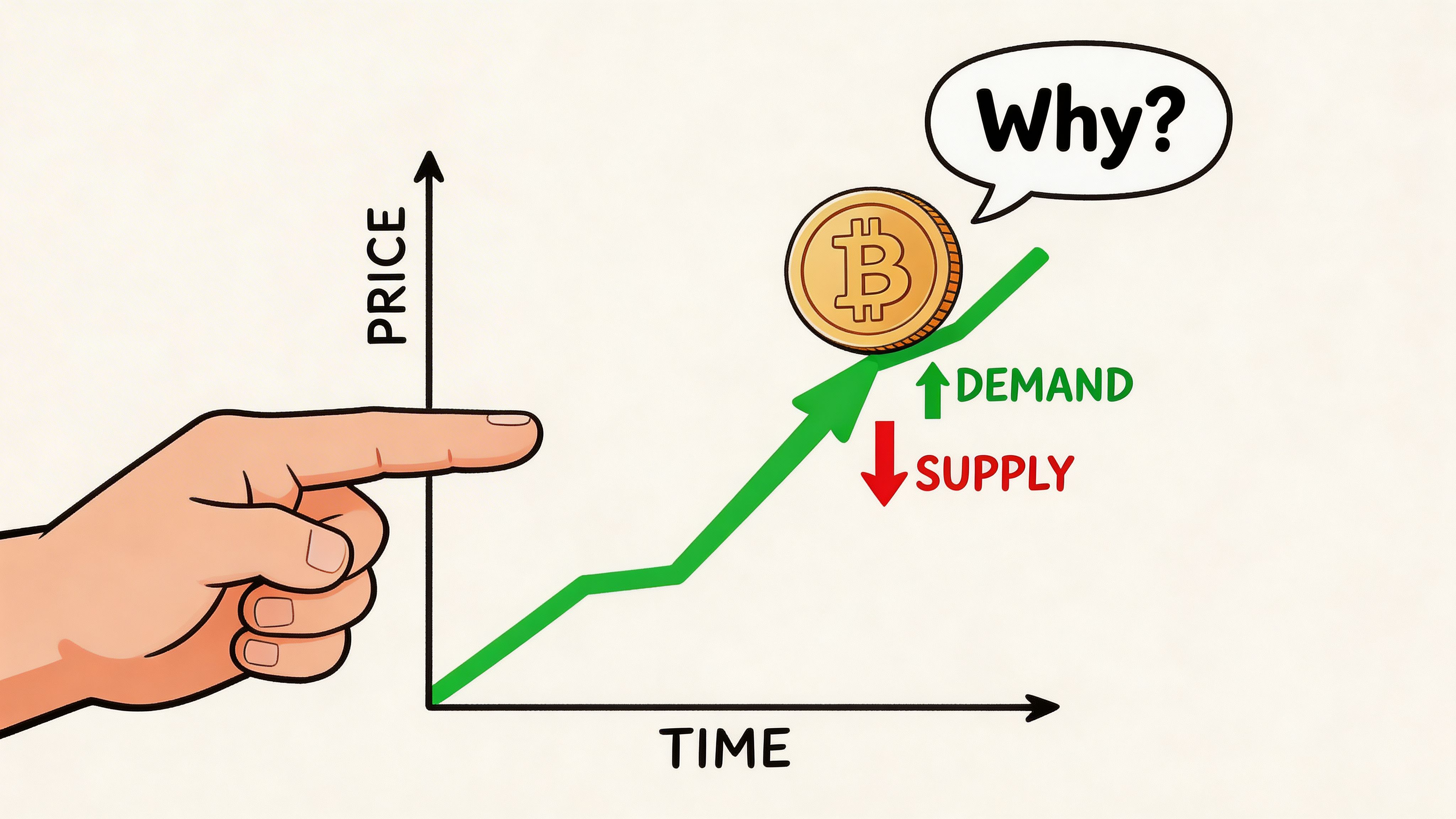 A hand pointing at a rising Bitcoin price chart labeled with supply and demand dynamics.