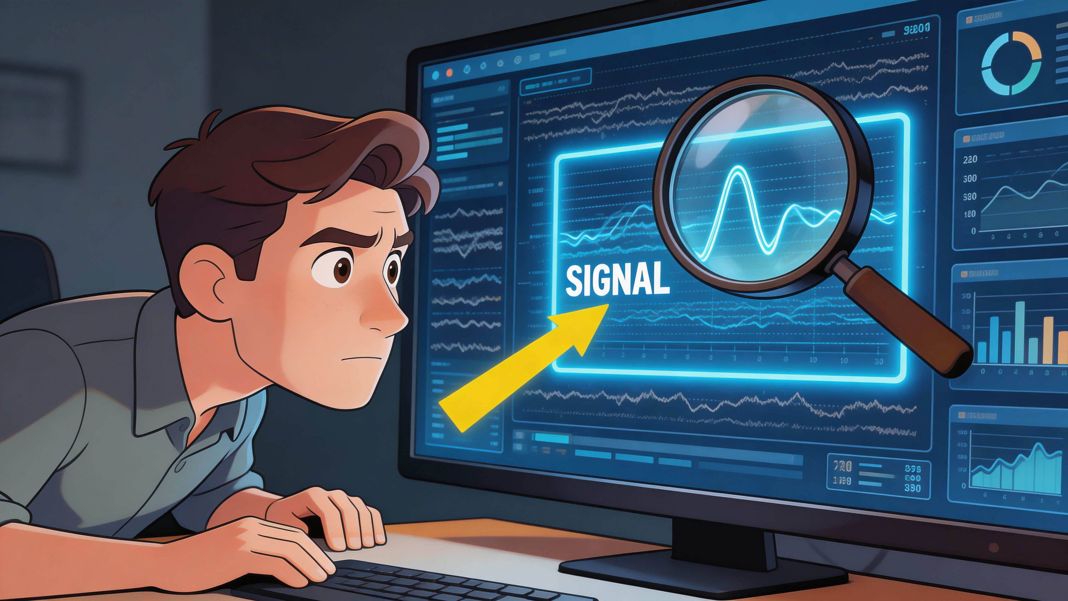 An animated man intensely studies a glowing signal graph on a computer monitor through a magnifying glass.