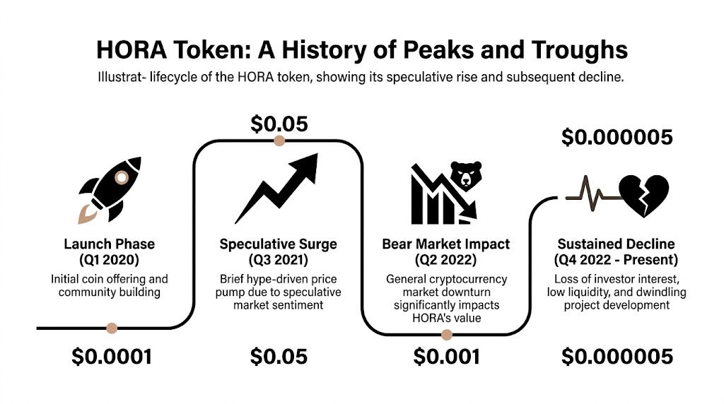 An infographic showing the price history and lifecycle stages of the HORA token from 2020 onwards.