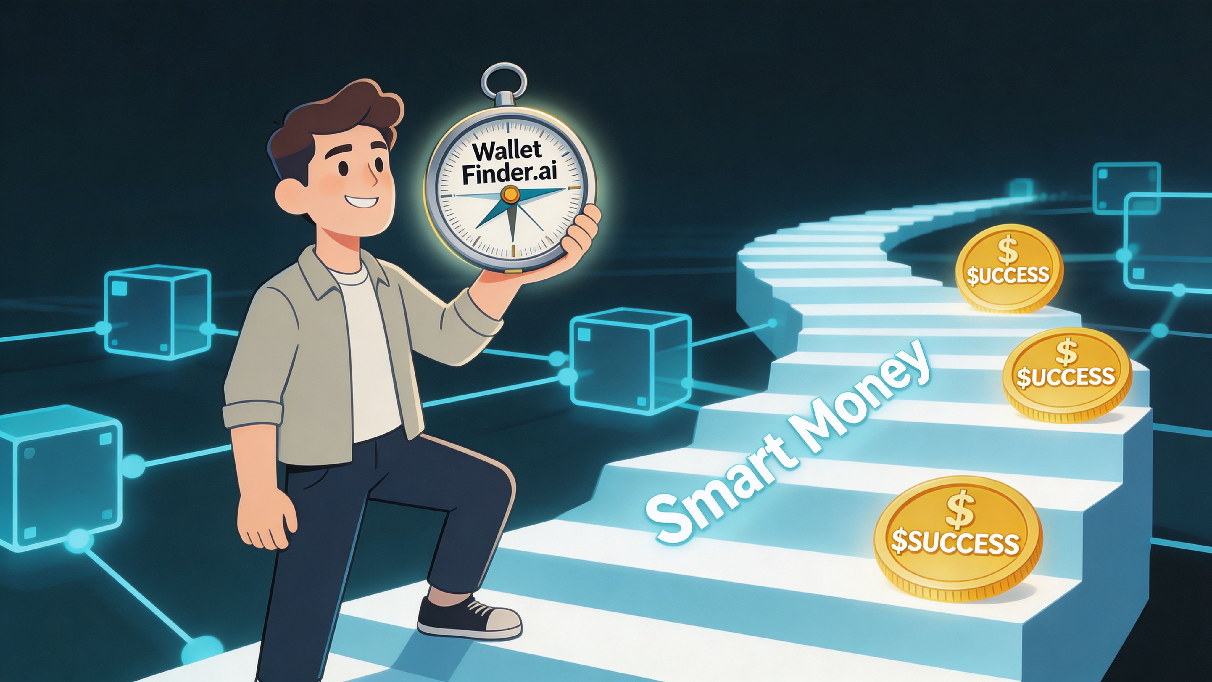 A cartoon man holding a compass stands on stairs leading towards glowing gold coins representing financial success.