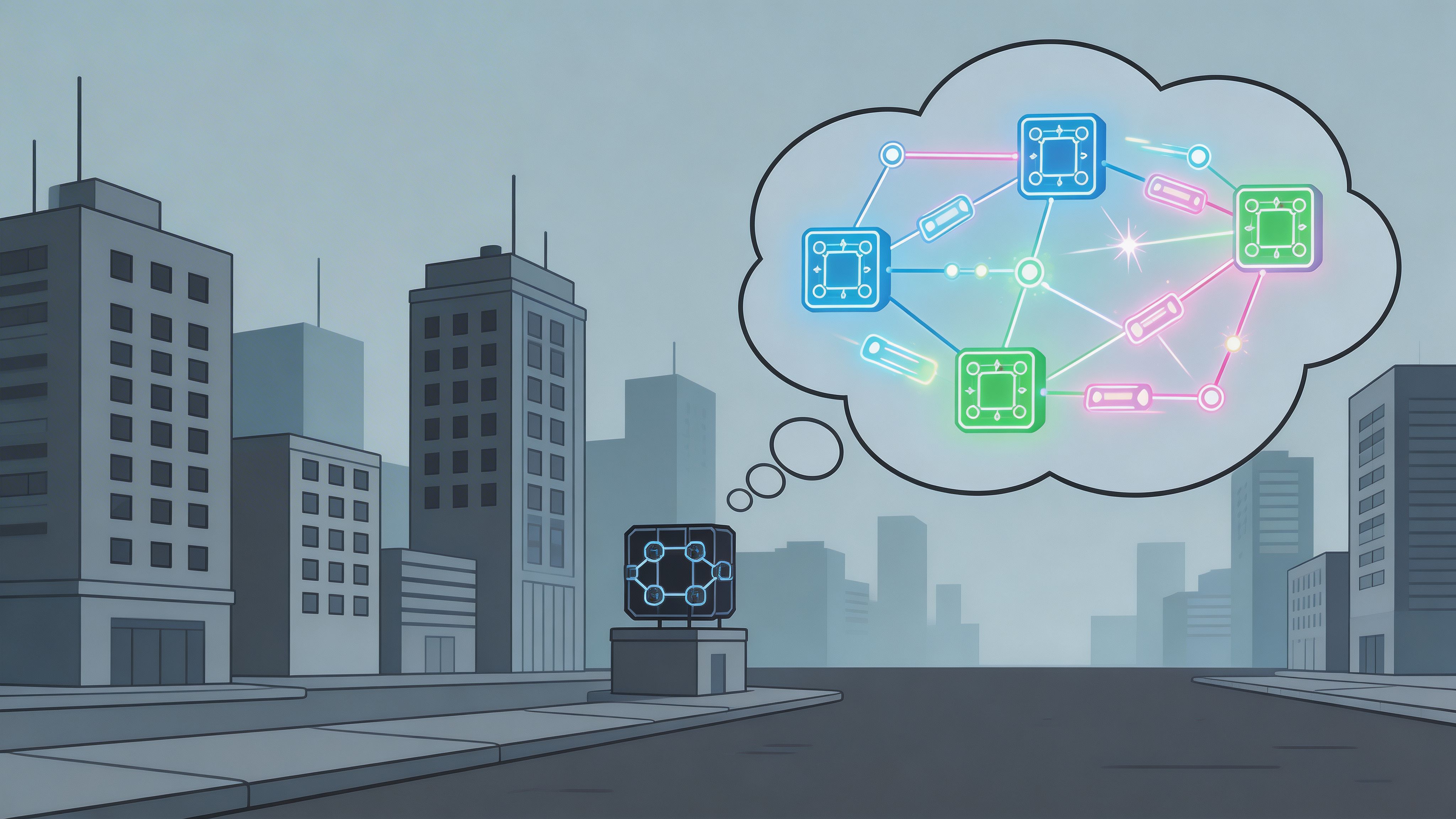 A conceptual illustration of a digital network connection in a modern city cityscape, symbolizing blockchain connectivity.